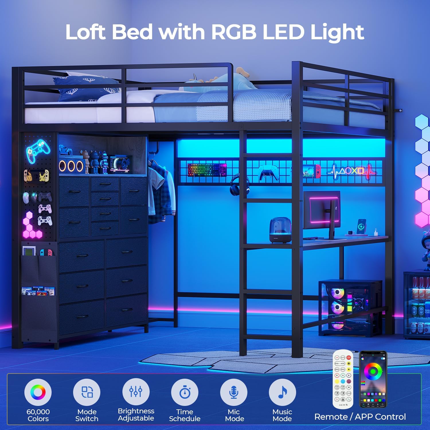 ADORNEVE Full Size Loft Bed with Desk,14 Storage Drawers & Power Outlet, Full Loft Beds with LED Lights, Pegboard, Metal Loft Bed with Safety Guardrail & Ladder, Space Saving for Teens, Black