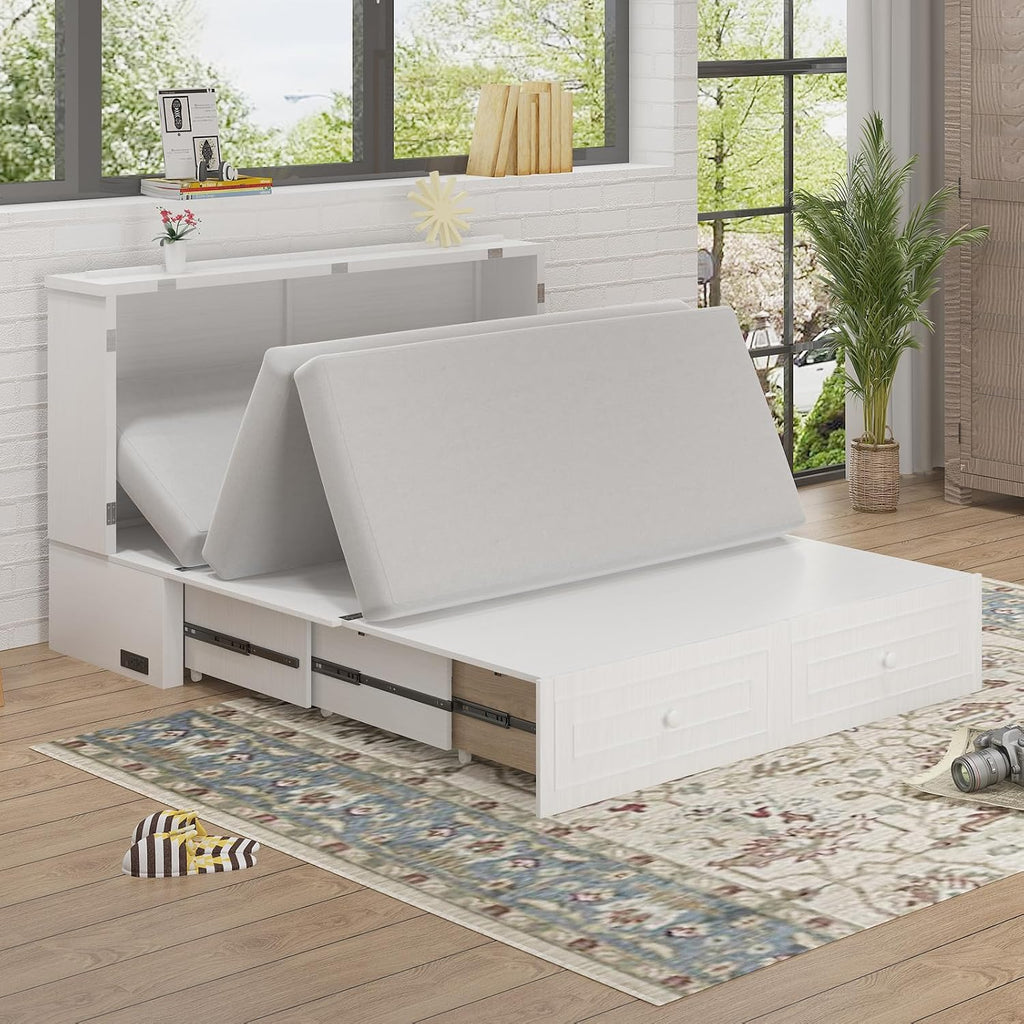 BALUS Queen Size Cabinet Murphy Bed, Modern Murphy Beds for Bedroom, Adults Chest Cabinet Wall Bed with Built-in USB Charging Station, Storage Drawer for Living Room, No Mattress(White)
