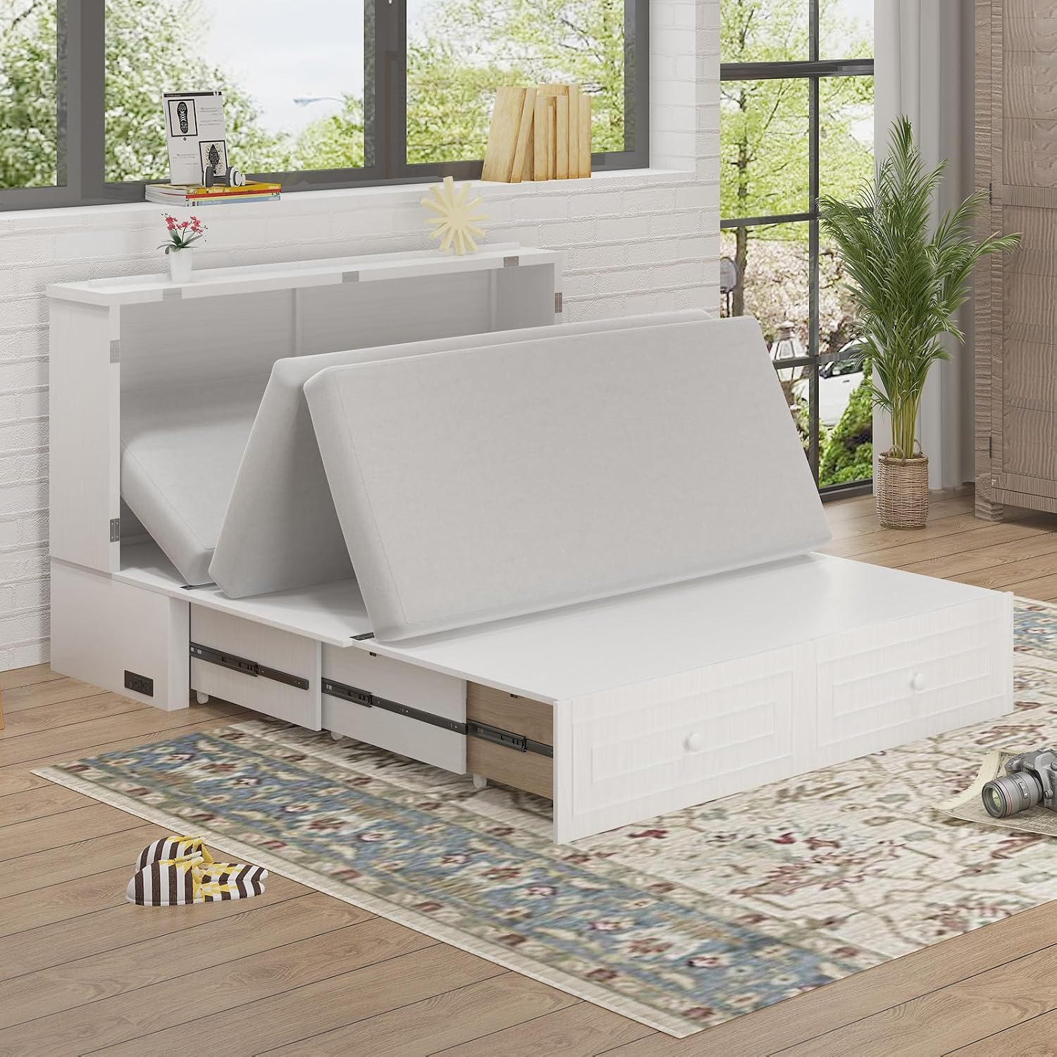 BALUS Queen Size Cabinet Murphy Bed, Modern Murphy Beds for Bedroom, Adults Chest Cabinet Wall Bed with Built-in USB Charging Station, Storage Drawer for Living Room, No Mattress(White)
