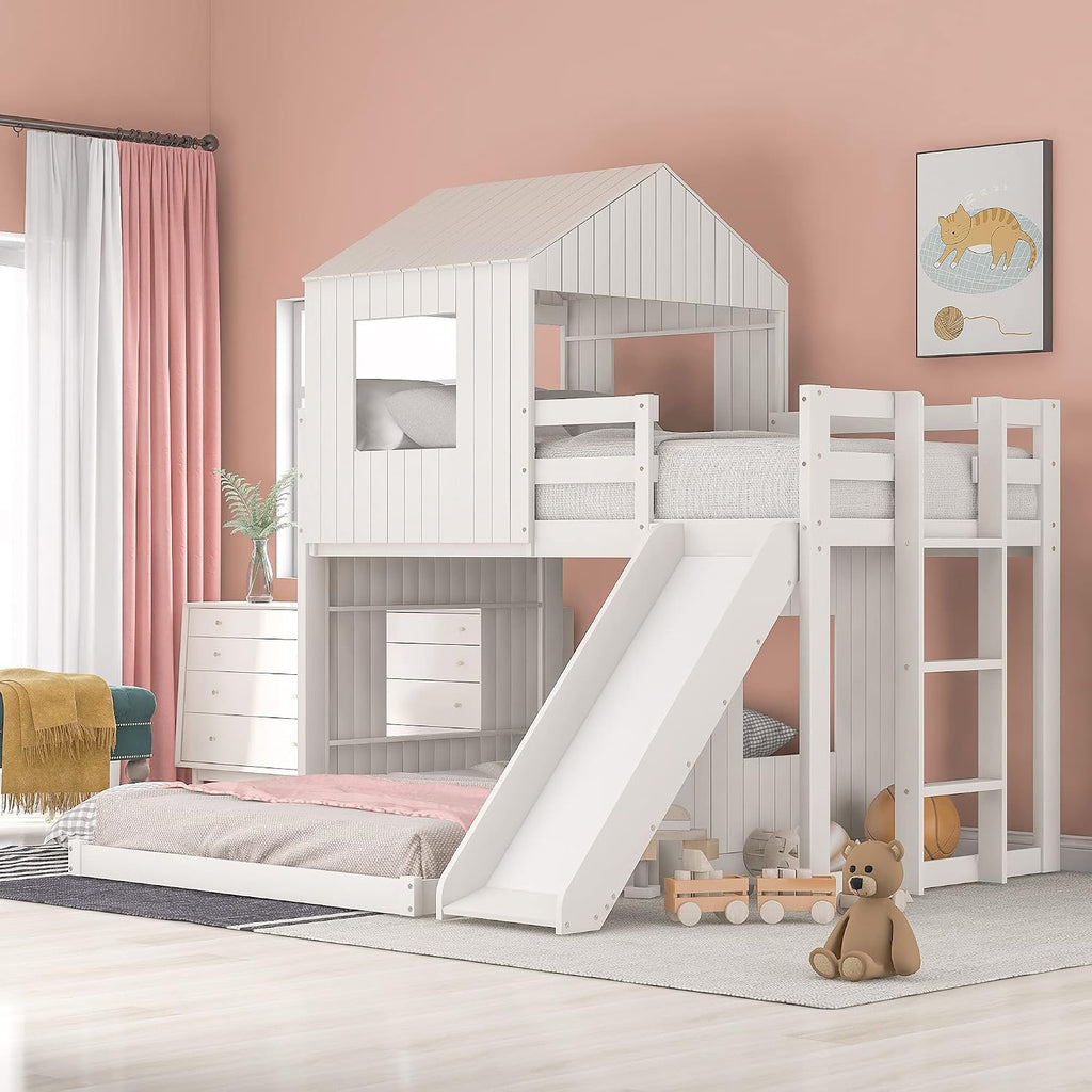 Twin Over Full Bunk Beds with Slide for Kids Toddlers, Play Farm House Roof Window Guardrail Ladder, for Girls Boys, No Spring Box Required (White-Slide-Twin-Full)