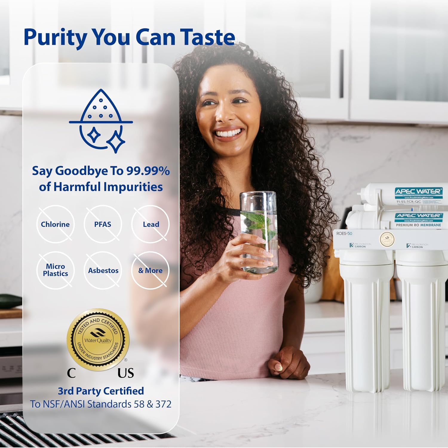 APEC Water ROES-PHUV75, 7-Stage Alkaline Under Sink Reverse Osmosis Water Filter System, UV Filter, NSF Certified 372, 75 GPD, Reduces 99% of Impurities
