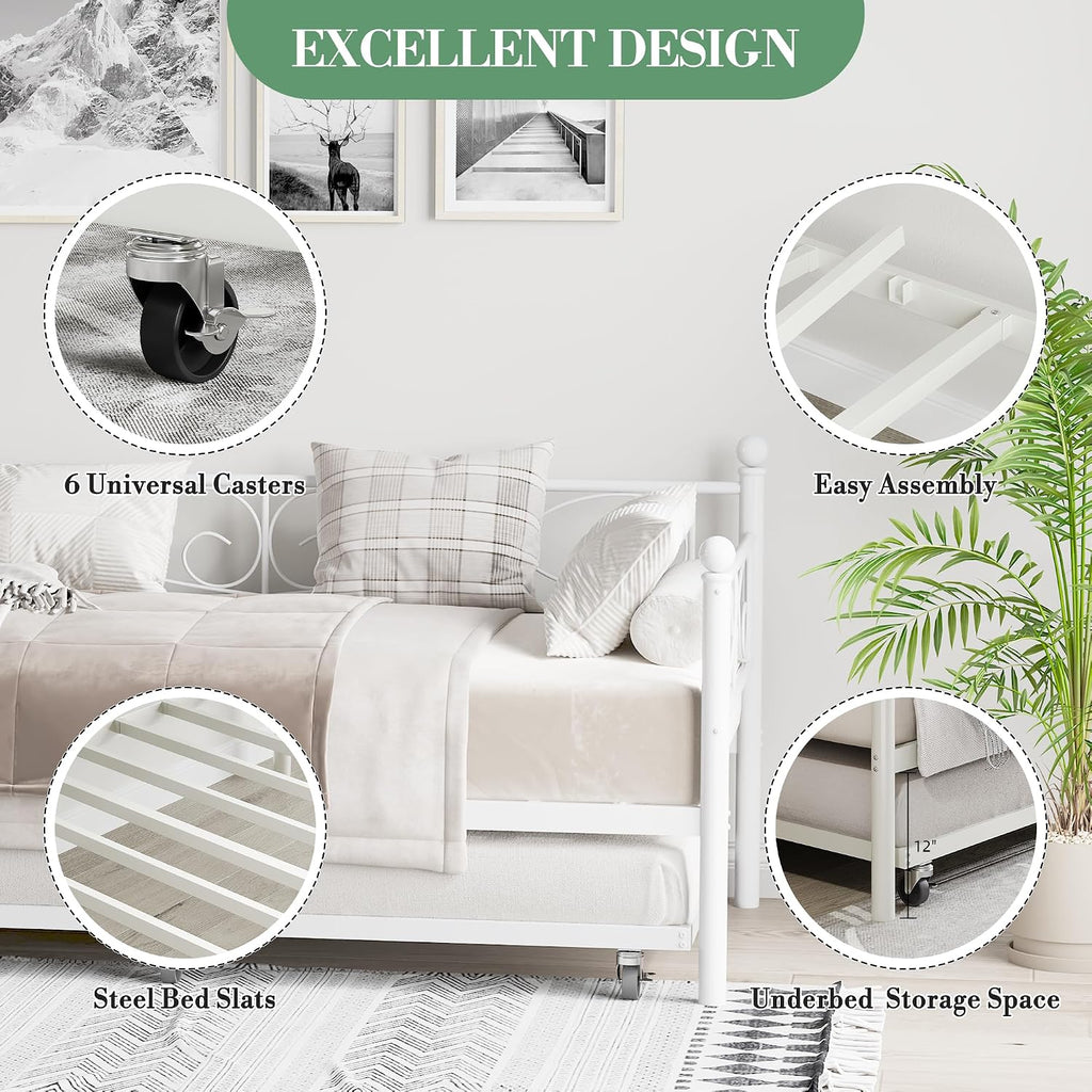 Heavy Duty Twin Daybed with Trundle, Metal Sofa Bed Frame with Floral Headboard & Slats, No Box Spring Needed, Multifunctional Platform Bed for Guest Room, Bedroom,White