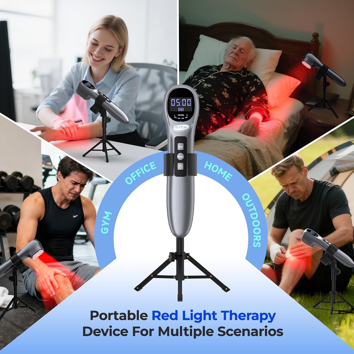 Morfone Handheld Red Light Therapy Device - Infrared Light 5 x 808nm + 12 x 650nm, Wireless Cold Infrared Red Light Wand with Stand & Glasses for Home Use, Gift Idea, Grey