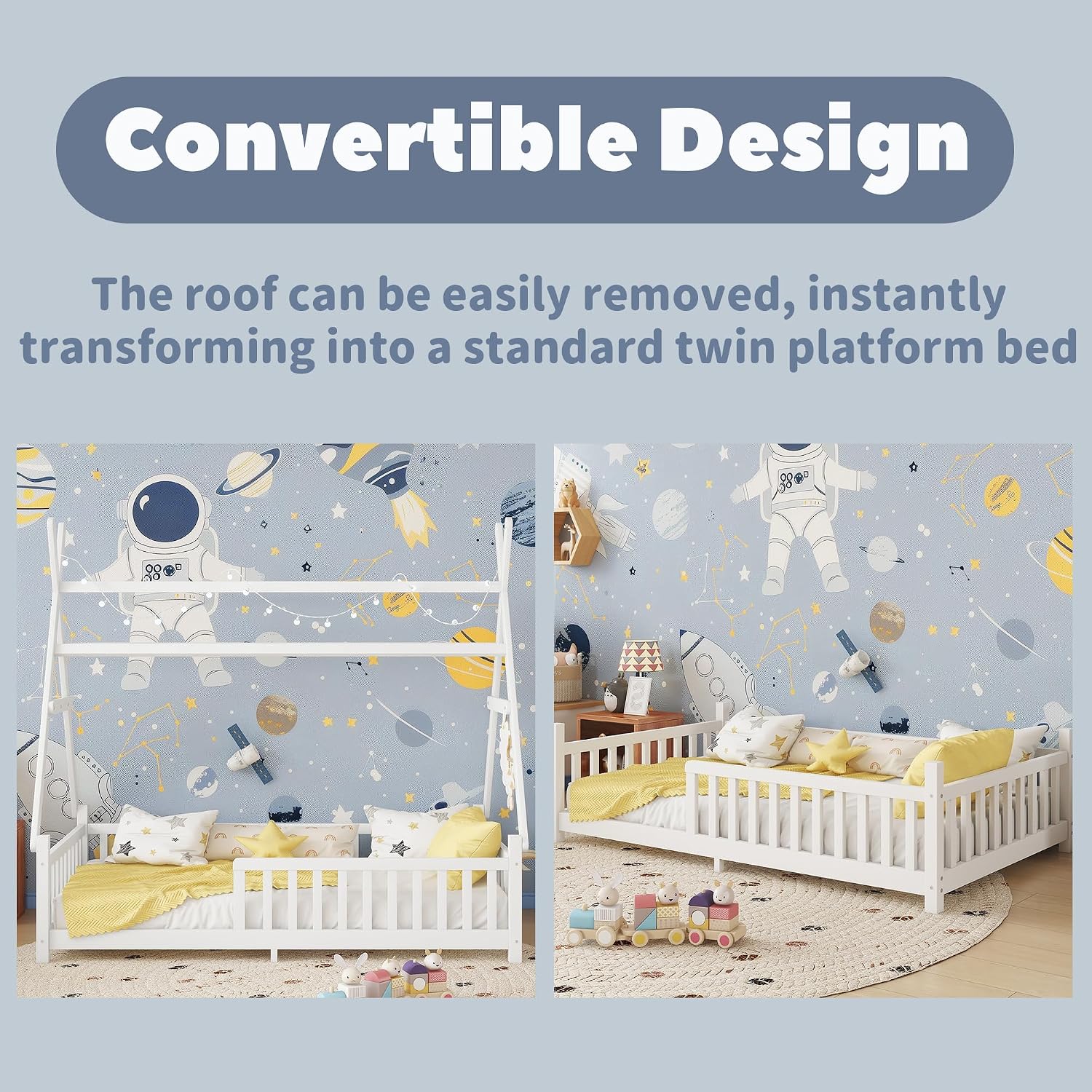 Twin Montessori Kids Floor Bed with Rails and LED Light, Low Twin Beds Frame with Fence and Removable Roof, Wood Montessori Floor Bed Frame for Kids, Girls, Boys, White