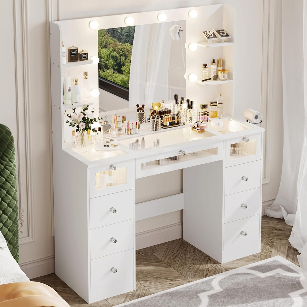 White Vanity with Lighted 23.5' Mirror, Glass Top Vanity Desk with 9 Drawers & 3 Color Hollywood Bulbs & 4 Shelves & Acrylic & Power Outlet, Makeup Desk Dressing Table for Bedroom