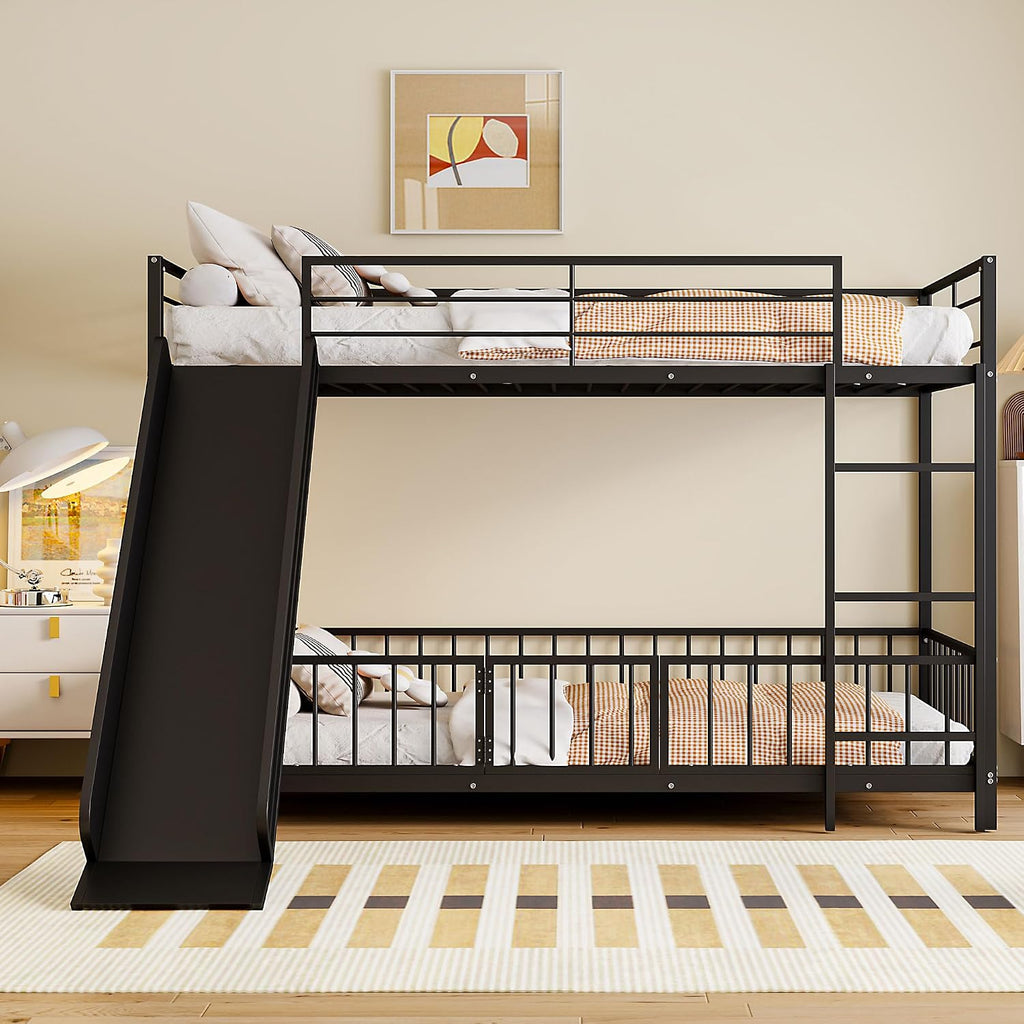 JIVOIT Metal Bunk Bed Frame with Slide and Ladder, Twin Over Twin Size Bunk Bed with Metal Slats Support, Heavy Duty Metal Low Bunk Bed, No Box Spring Needed (Black,Twin,09)