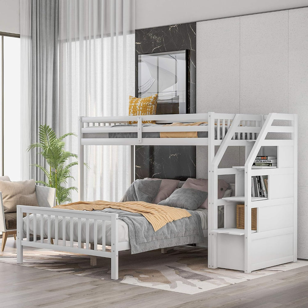 Harper & Bright Designs Twin Over Full Loft Beds, Bunk Beds Twin Over Full with Stairway and Storage, Full-Length Guardrail, No Box Spring Needed (White, Twin over Full)