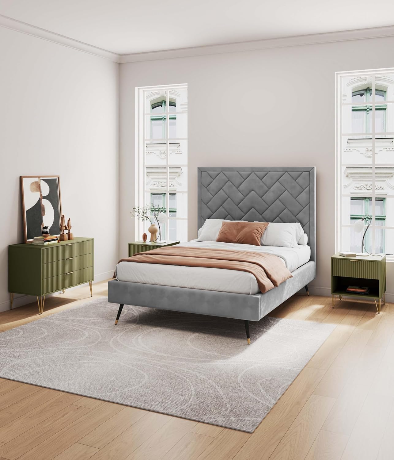 Manhattan Comfort DUMBO 2 Piece Modern Set, 3 Drawer Dresser, 1 Drawer Nightstand with Fluted Ribbed Front, Gold Metal Legs, No Tool Assembly, Storage Cabinet for Bedroom or Living Room in Olive Green