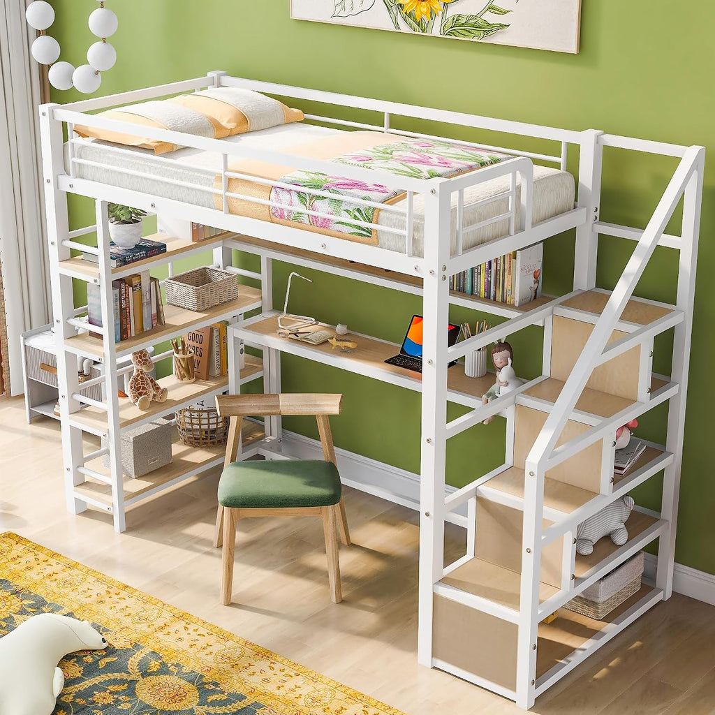 JIVOIT Metal Loft Bed with Storage Staircase, Twin Size Loft Bed with Built-in Desk and 3-Tier Storage Shelves, Space-Saving 3 in 1 Design Metal Loft Bed with Guardrails, No Box Spring Needed
