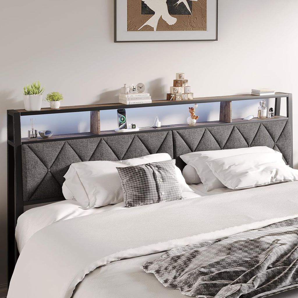 Queen Headboard Only, Headboard for Queen Size Bed with Storage, Upholstered Headboards with LED Lights & Charging Station, Attach Frame, Ideal for Bedroom/Dorm/Guest Room, Dark Grey & Brown