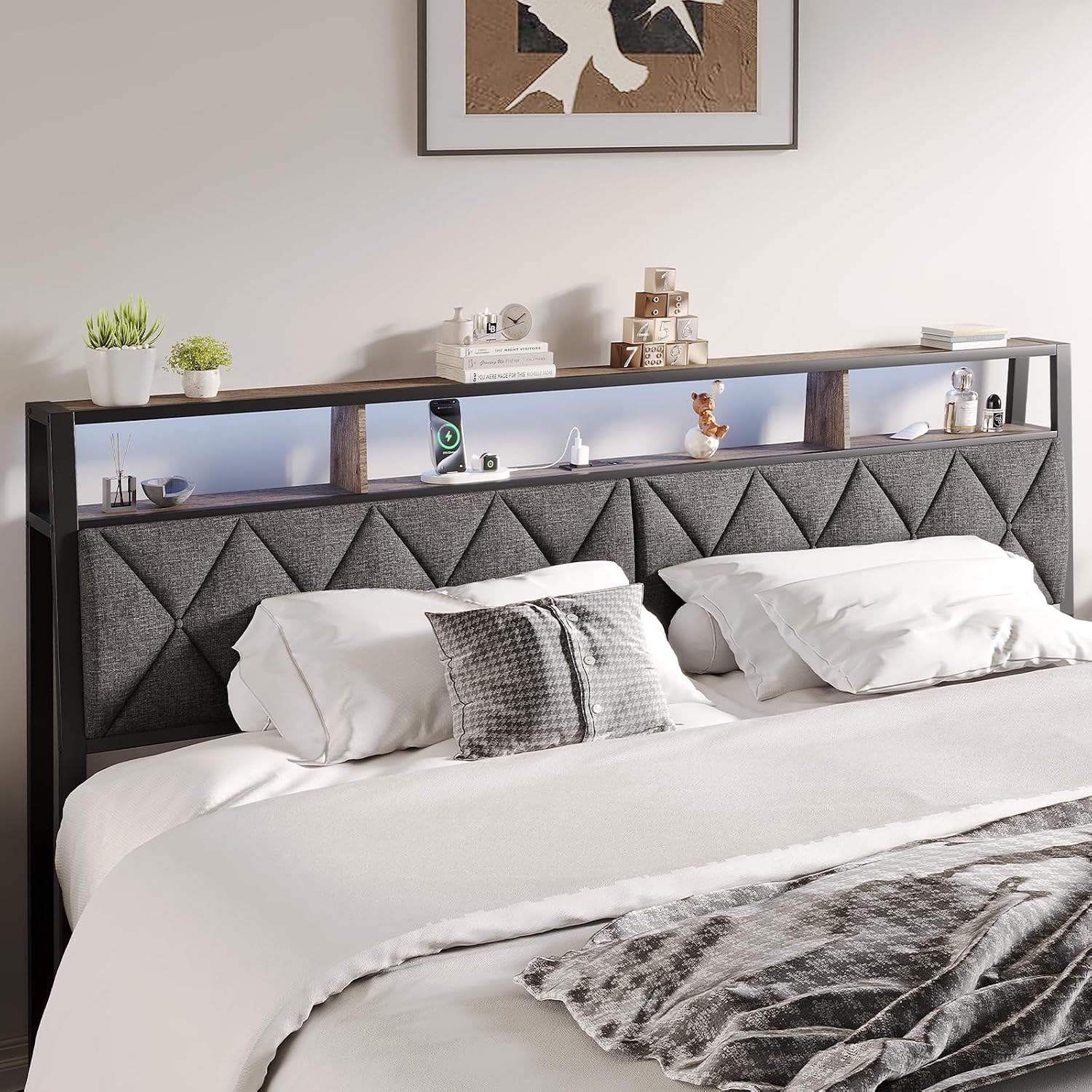 King Headboard Only, Headboard for King Size Bed with Storage, Upholstered Headboards with LED Lights & Charging Station, Attach Frame, Ideal for Bedroom/Dorm/Guest Room, Dark Grey & Brown