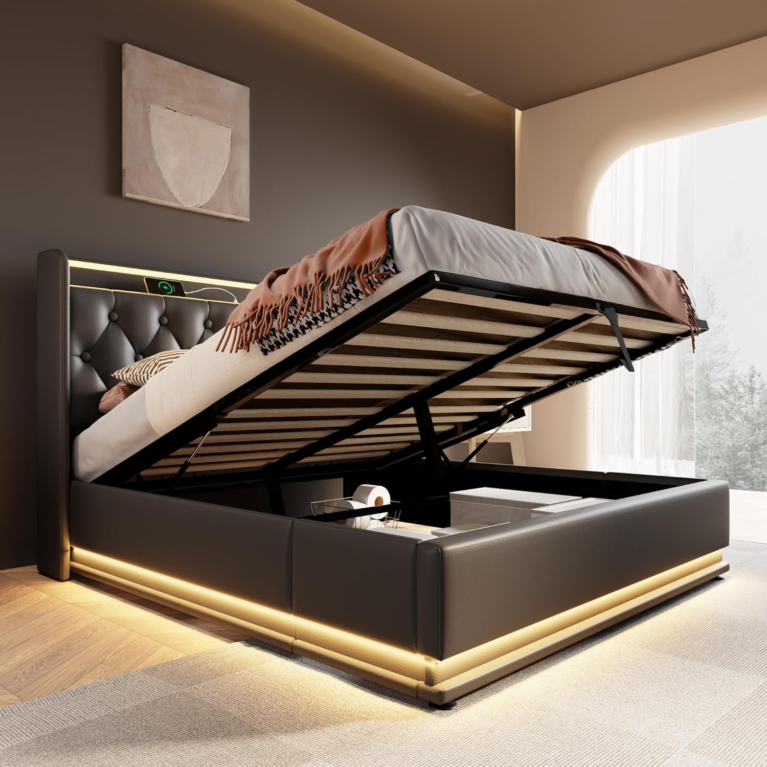Twin Size Upholstered Bed Frame with 360° LED Lights, Hydraulic Storage, USB Charging, Modern Platform Bed with Headboard, Remote App Control for Teen, Guest Room, Small Space (Black + Full)