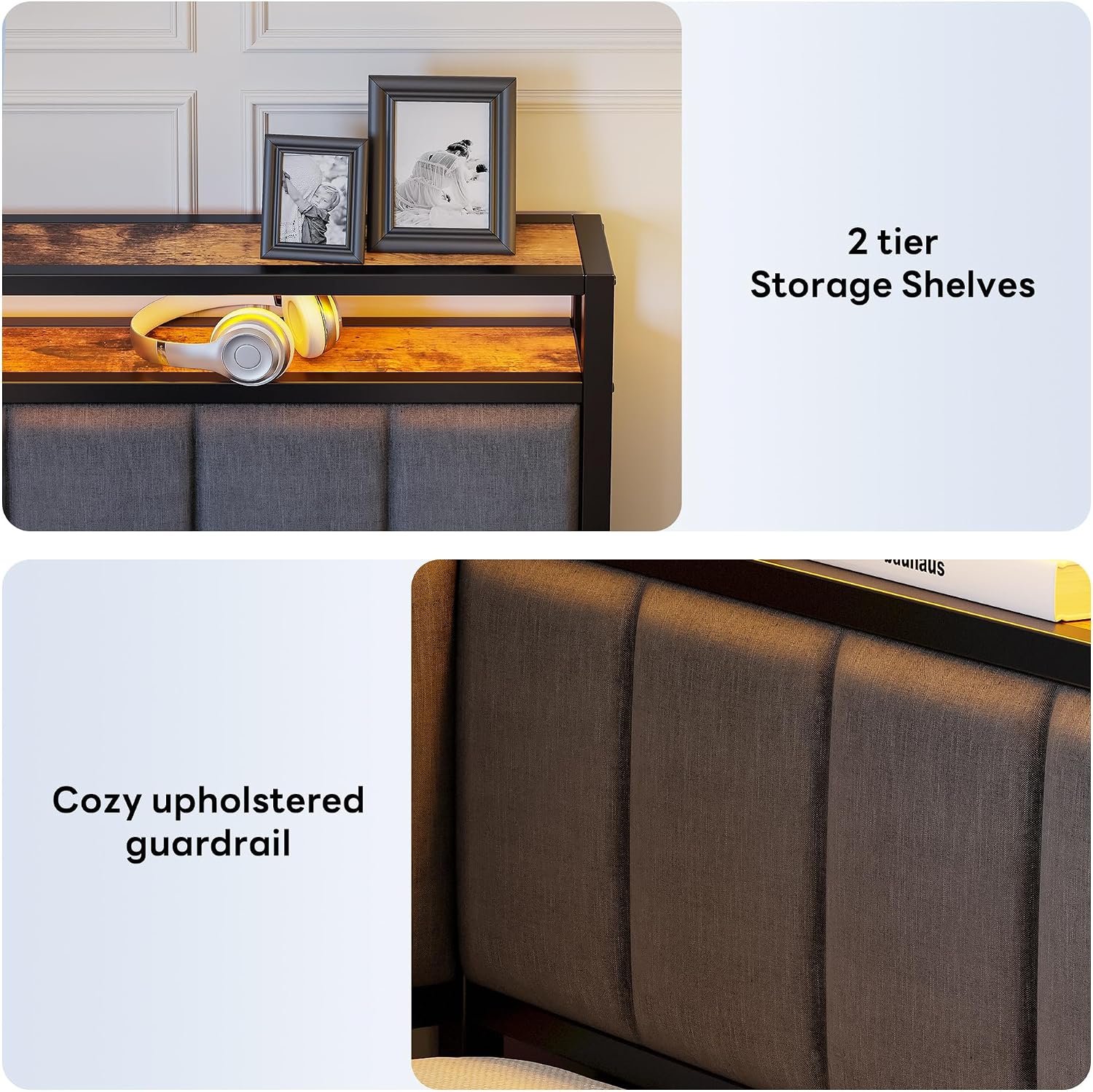 LIKIMIO Corner Full Bed Frame with Trundle, Upholstered Storage Headboard & LED Lights, Full Size Daybed with Charging Station, Sturdy Platform Metal Frame for Living Room, Bedroom, Guest Room, Gray