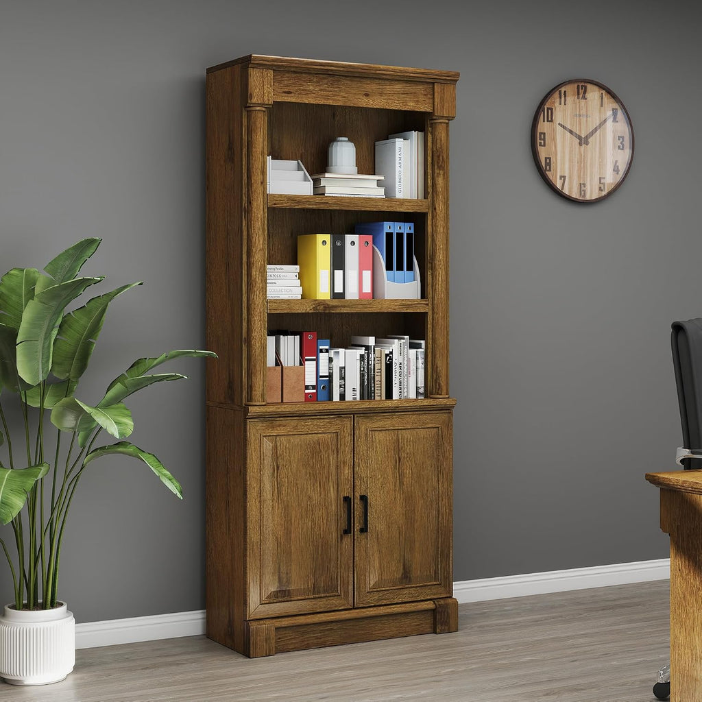 72' Roman Column Bookcase with Double Door Cabinet, 5 Tiers Tall Bookshelf Shelves Storage Anti Tip Kit, Classic American European Modern Multi Style Design for Living Room Study Office, Vintage Oak