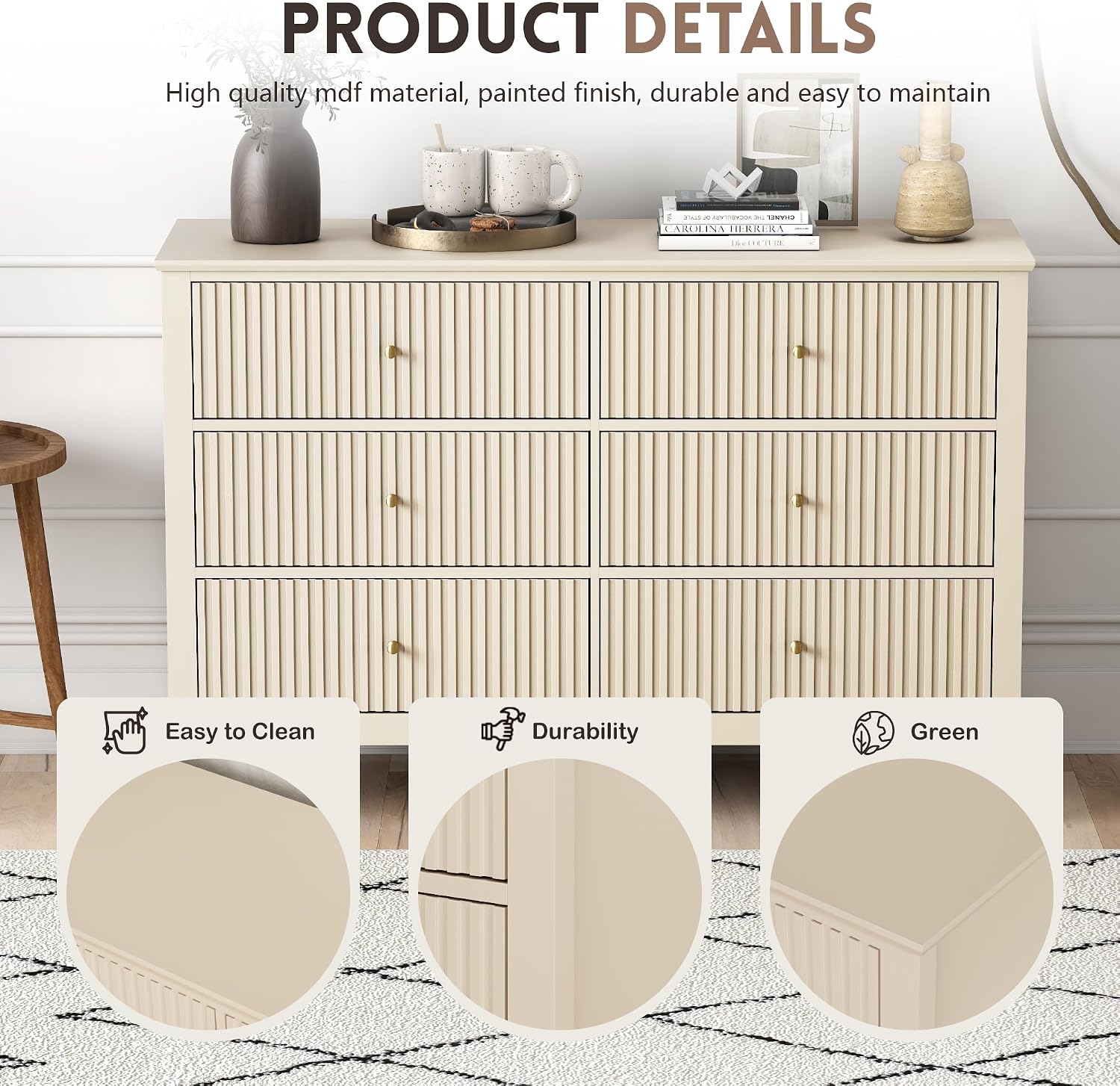 Beige Dresser for Bedroom, 6 Drawers Fluted Chest of Drawers with Storage, Modern 47'' Wide Dresser with Paint Design, Wood Drawer Organizer Dressers for Entryway, Hallway