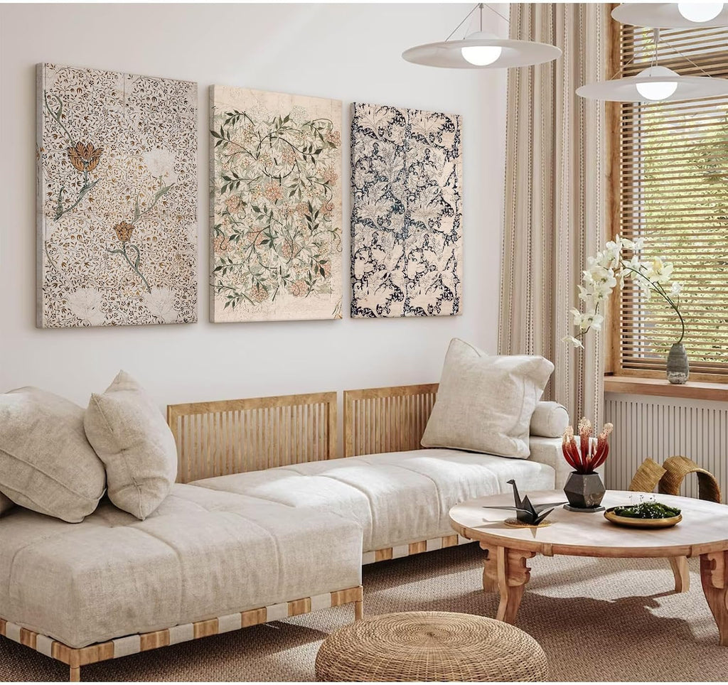 Vintage William Morris Wall Art Decor Boho Floral Botanical Canvas Pictures Abstract Neutral Flower Print Vintage Farmhouse Artwork Painting for Living Room Bedroom 24x36 Inch Wrapped Canvas Set of 3
