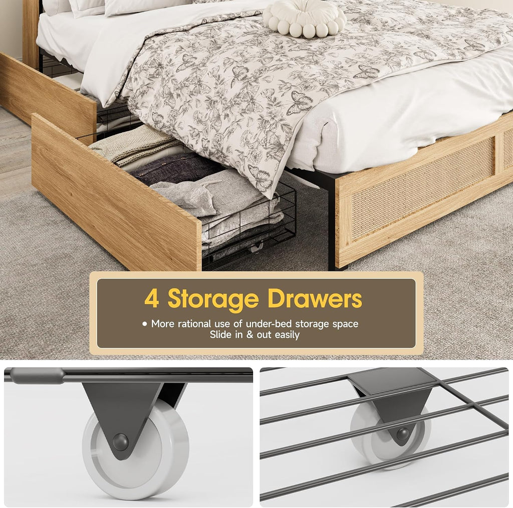 Fameill Full Bed Frame with LED Light and 4 Drawers, Rattan Hidden Storage Headboard, Charging Station, Metal Platform Boho Bed Frame No Box Spring Needed