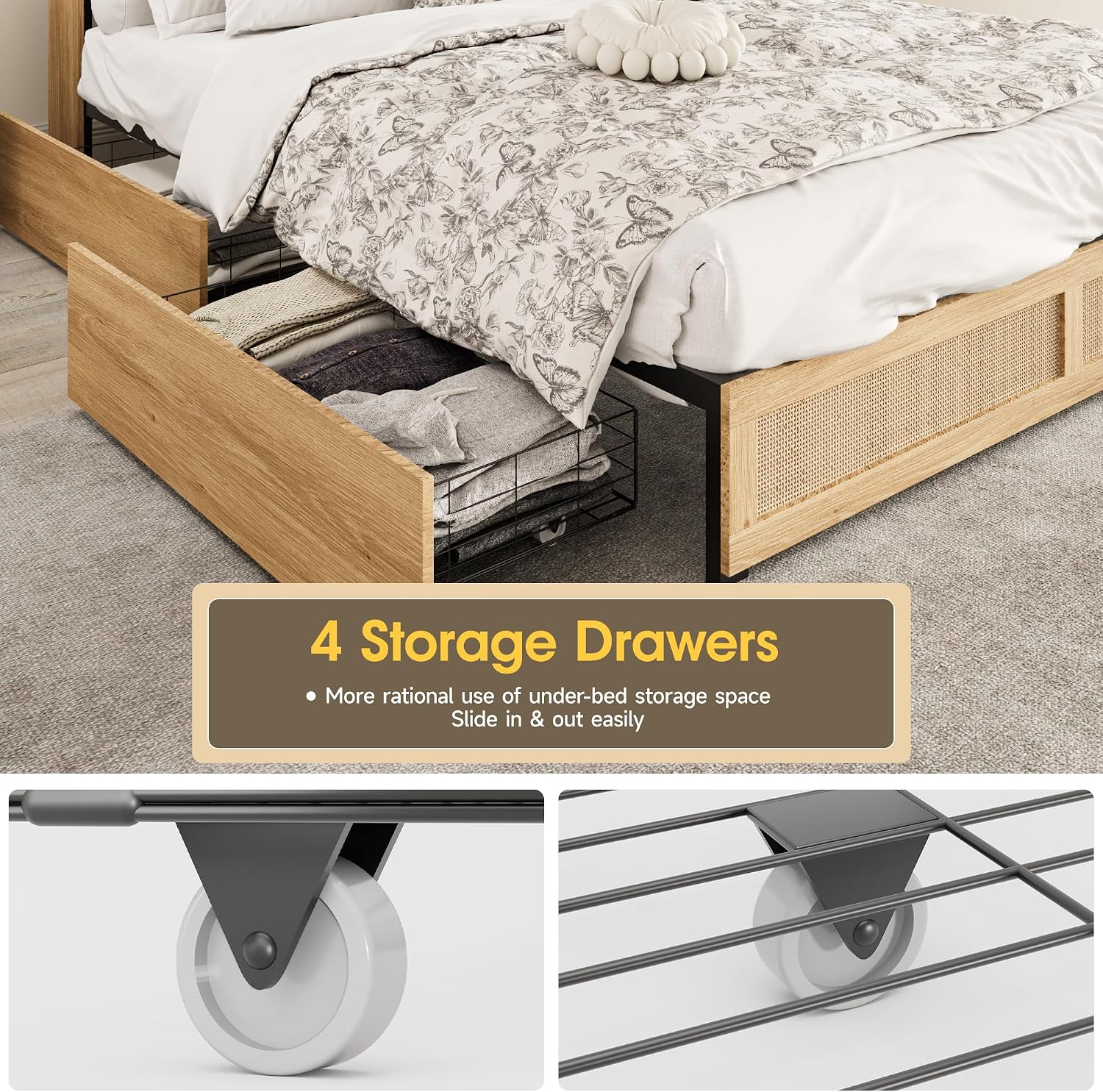 Fameill Full Bed Frame with LED Light and 4 Drawers, Rattan Hidden Storage Headboard, Charging Station, Metal Platform Boho Bed Frame No Box Spring Needed