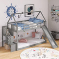 Twin Over Twin Bunk Bed with Slide for Kids Toddlers, House Bunk Bed Farm with Storage Steps and Roof Guardrail for Girls/Boys, No Spring Box Required (Gray-Storage Steps#2)