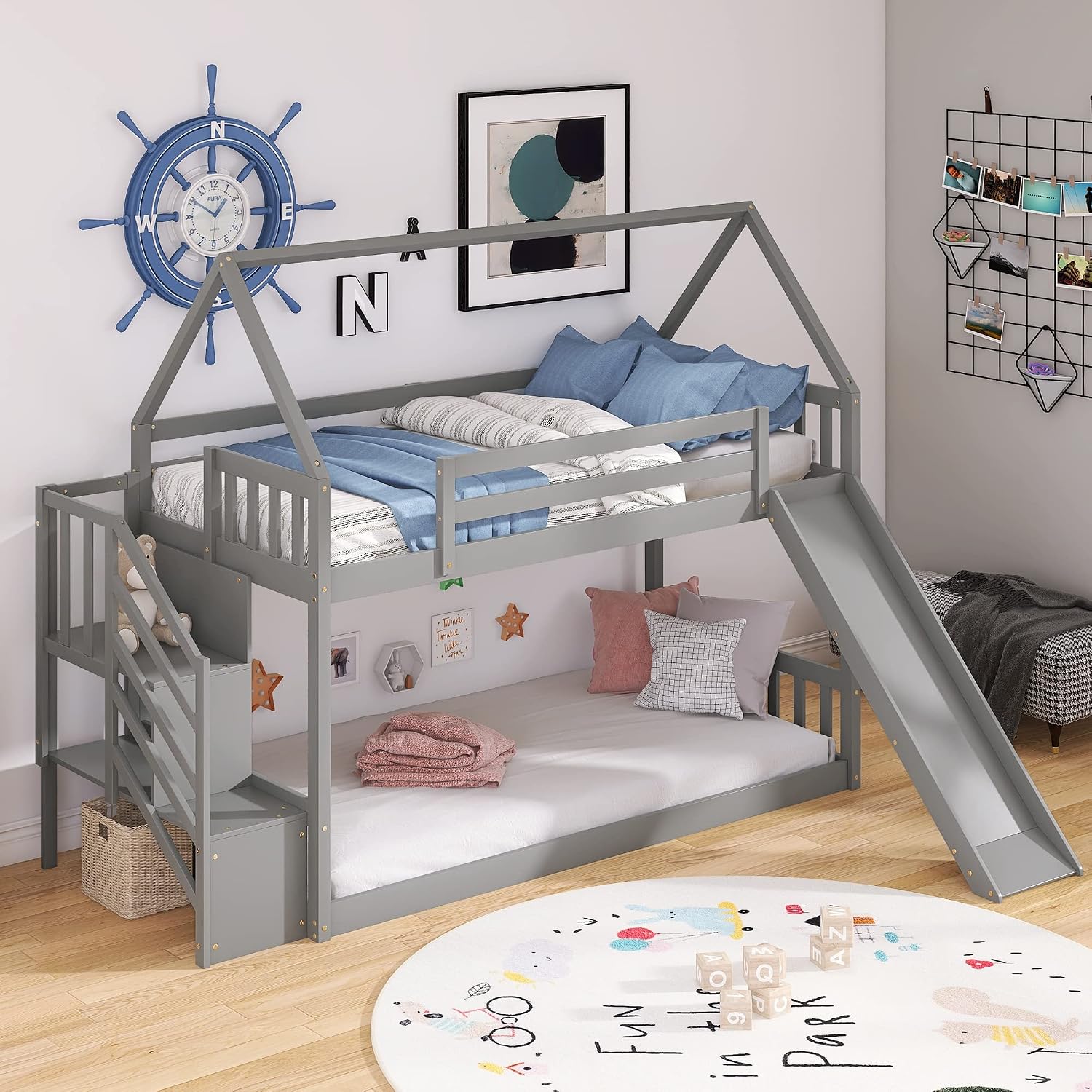 Twin Over Twin Bunk Bed with Slide for Kids Toddlers, House Bunk Bed Farm with Storage Steps and Roof Guardrail for Girls/Boys, No Spring Box Required (Gray-Storage Steps#2)