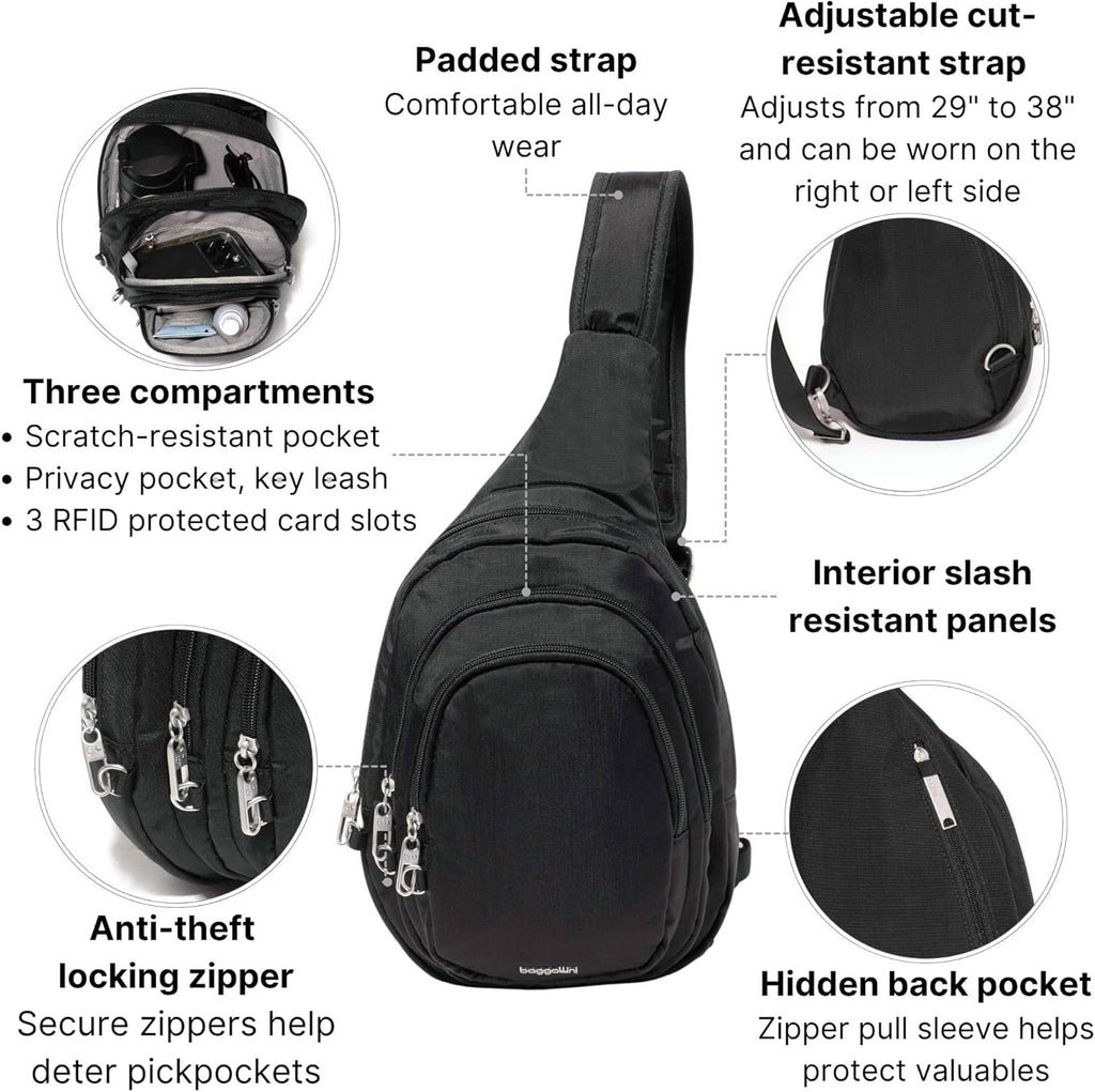 Baggallini Securtex® Anti-Theft Multi Zip Sling - Lightweight 8.6'x15.2' Travel Bag with Locking Zippers & RFID Protection