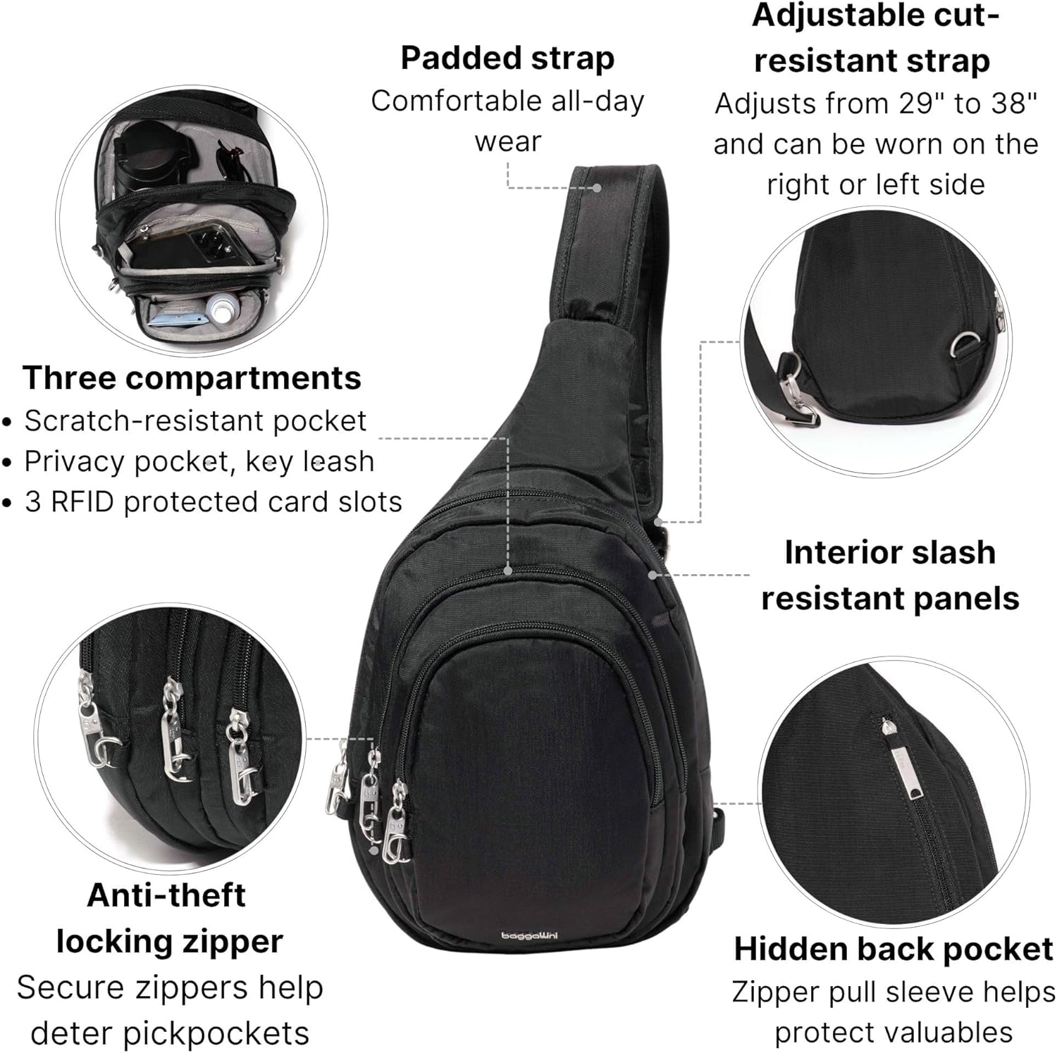 Baggallini Securtex® Anti-Theft Multi Zip Sling - Lightweight 8.6'x15.2' Travel Bag with Locking Zippers & RFID Protection