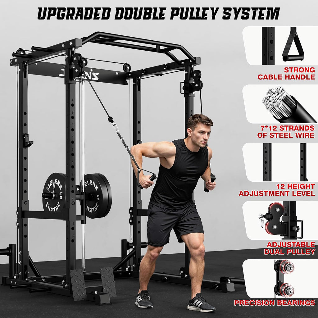 JELENS C12 Squat Rack for Home Gym, 2000LBS Power Rack with Adjustable Pulley System, Power Cage Workout Equipment with LAT Pulldown and Training Attachment