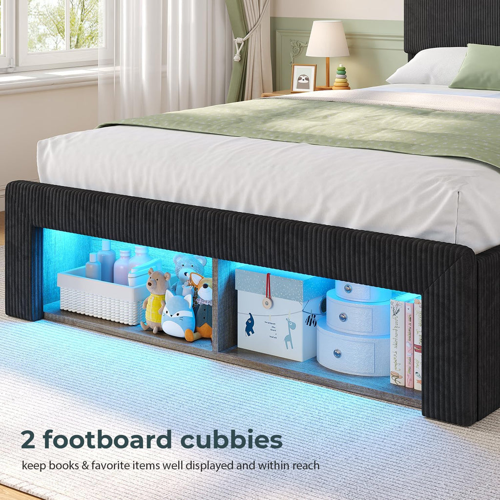 ADORNEVE Twin Bed Frames with 4 Storage Drawers, 2 Footboard Cubbies and RGB Lights, Corduroy Upholstered Platform Bed with Charging Station and Storage Headboard, No Box Spring Needed, Black