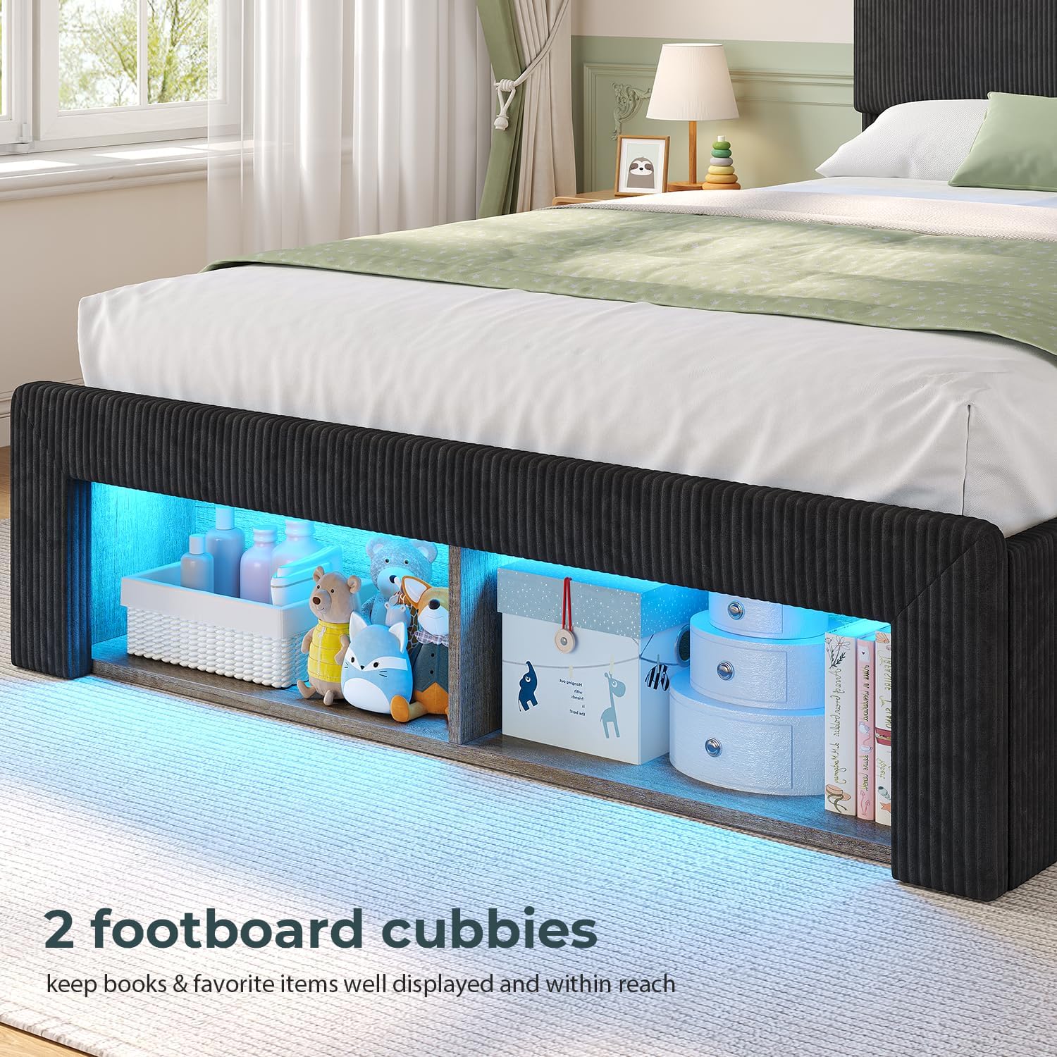 ADORNEVE Twin Bed Frames with 4 Storage Drawers, 2 Footboard Cubbies and RGB Lights, Corduroy Upholstered Platform Bed with Charging Station and Storage Headboard, No Box Spring Needed, Black