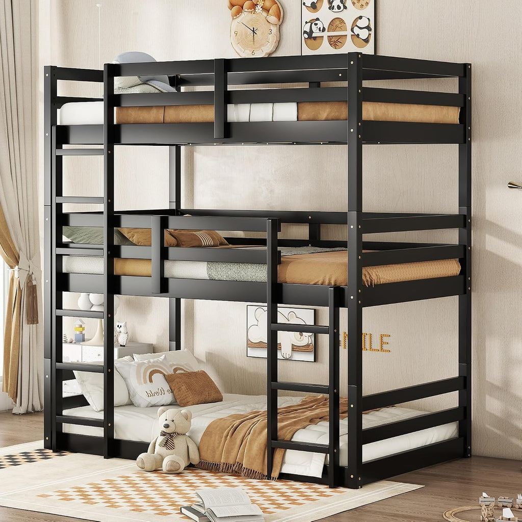 Triple Bunk Bed, Detachable Triple Twin Bunk Bed, 3 Rubber Wood Bunk Bed with Two Built-in Ladders, Guardrails, Twin Over Twin Over Twin for Kids, Black
