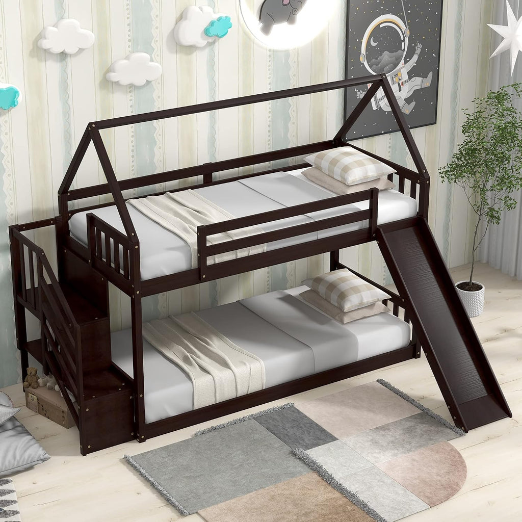 Twin Over Twin Bunk Bed with Slide for Kids Toddlers, House Bunk Bed Farm with Storage Steps and Roof Guardrail for Girls/Boys, No Spring Box Required (Espresso-Storage Steps#2)