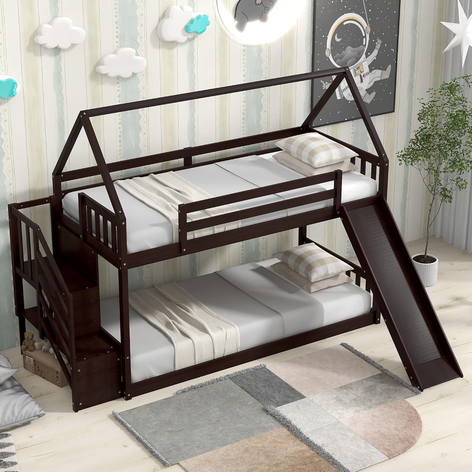 Twin Over Twin Bunk Bed with Slide for Kids Toddlers, House Bunk Bed Farm with Storage Steps and Roof Guardrail for Girls/Boys, No Spring Box Required (Espresso-Storage Steps#2)