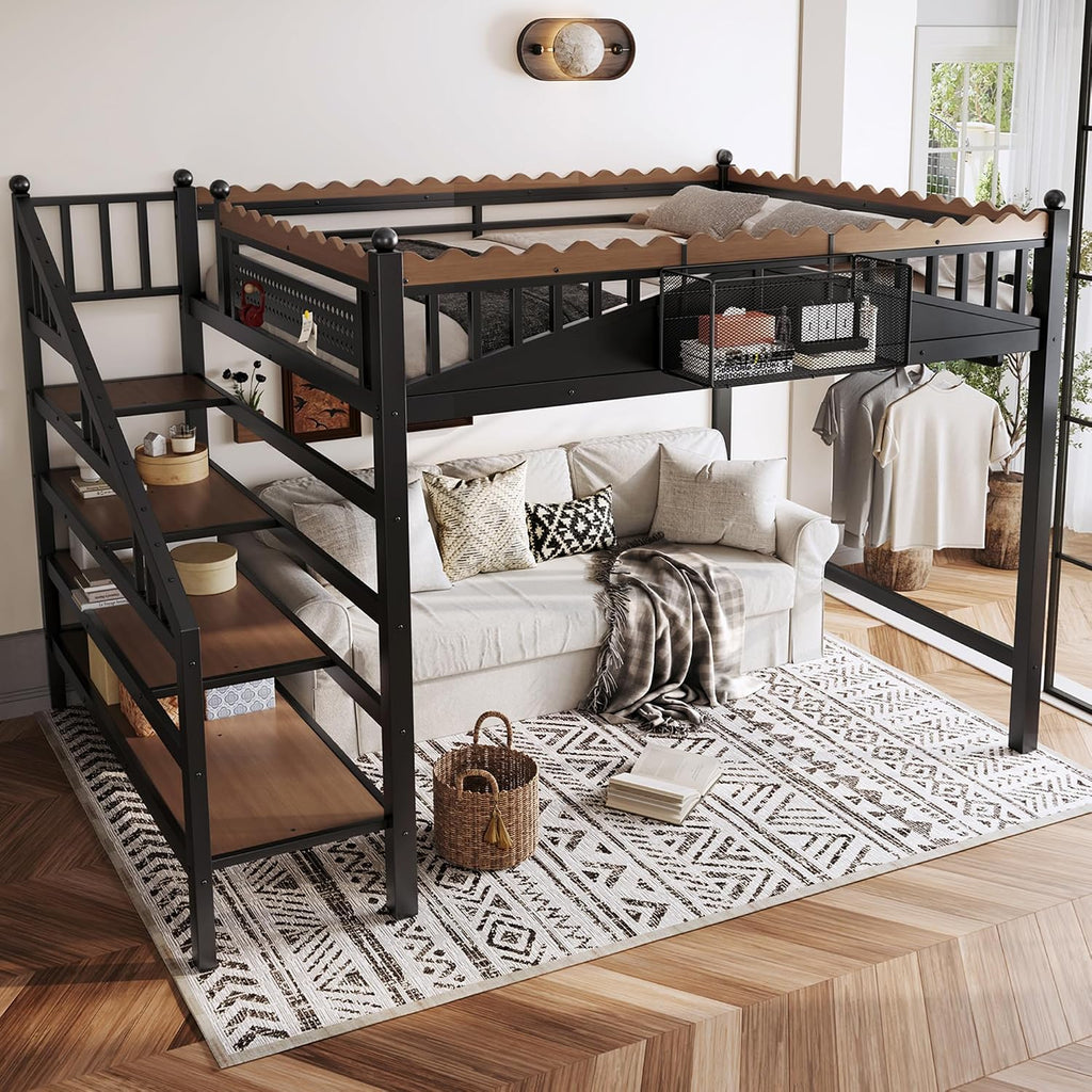 JIVOIT Queen Size Metal Loft Bed Frame, Space-Saving Loft Bed with Storage Stairs, Storage Shelves and Bookshelf, Strong Support Slats, Perfect for Bedroom, Guest, Dorms