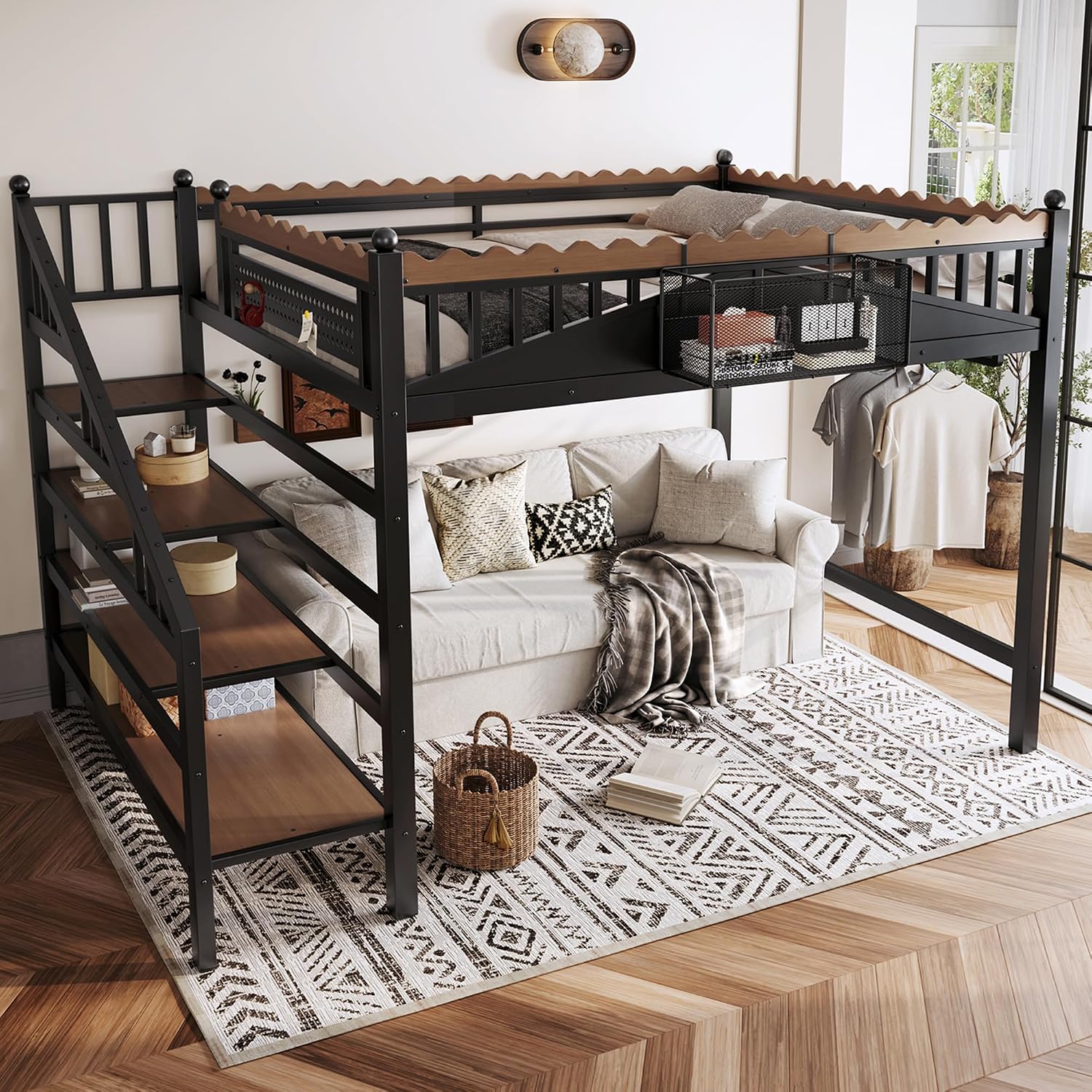 JIVOIT Queen Size Metal Loft Bed Frame, Space-Saving Loft Bed with Storage Stairs, Storage Shelves and Bookshelf, Strong Support Slats, Perfect for Bedroom, Guest, Dorms