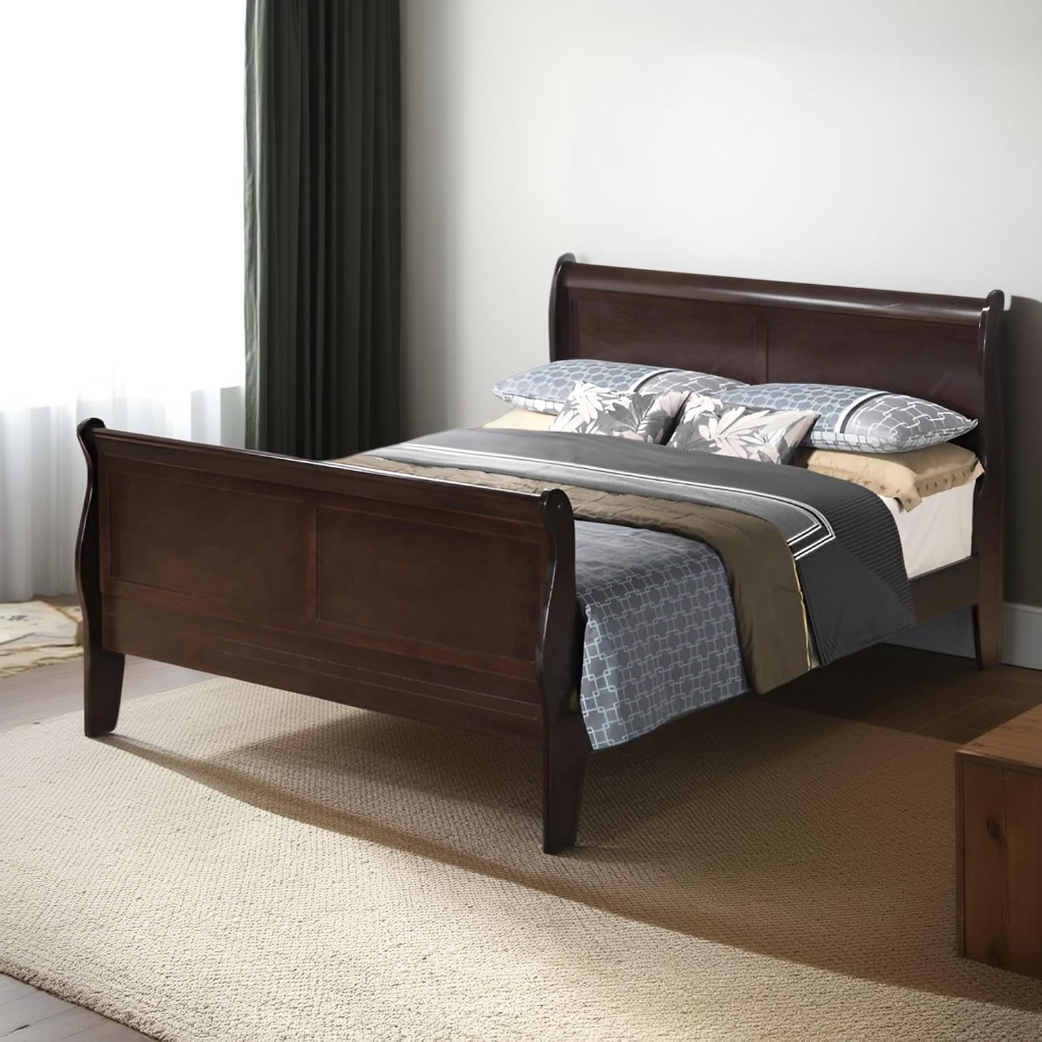 GDFStudio Queen Size Wood Platform Bed Frame, Classic Sleigh Design with Curved Trim & Wood Posts,Easy Assembly, Box Spring Required,Timeless Elegant Bedroom Furniture,Cappuccino