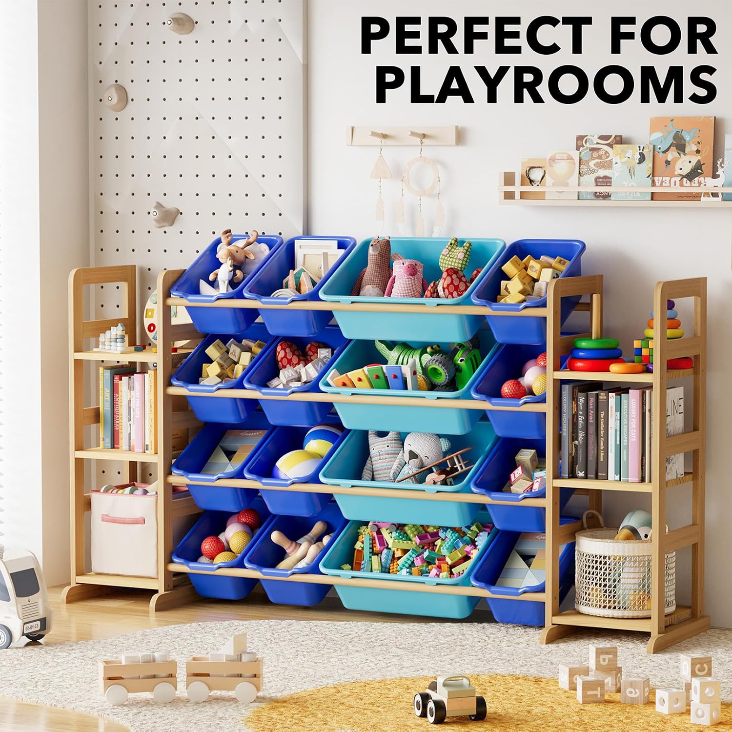 SpaceAid Toy Storage Organizer with 6 Shelves and 16 Bins, Toy Organizers Storage Bookshelf, Kids Bin Shelf Toys Box Bookcase for Bedroom Playroom Organization Room Decor, Blue and Navy Blue