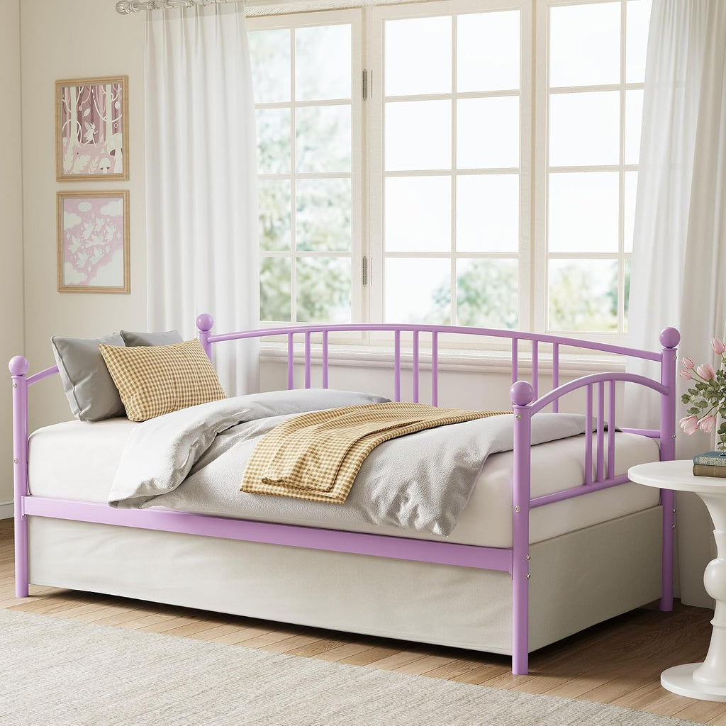 GarveeHome Daybed with Trundle, Sturdy Metal Day Bed with Steel Slat Support, Trundle Bed Twin with Arched Headboard, SofaBed for Living Room, Bedroom and Guest Room, Purple