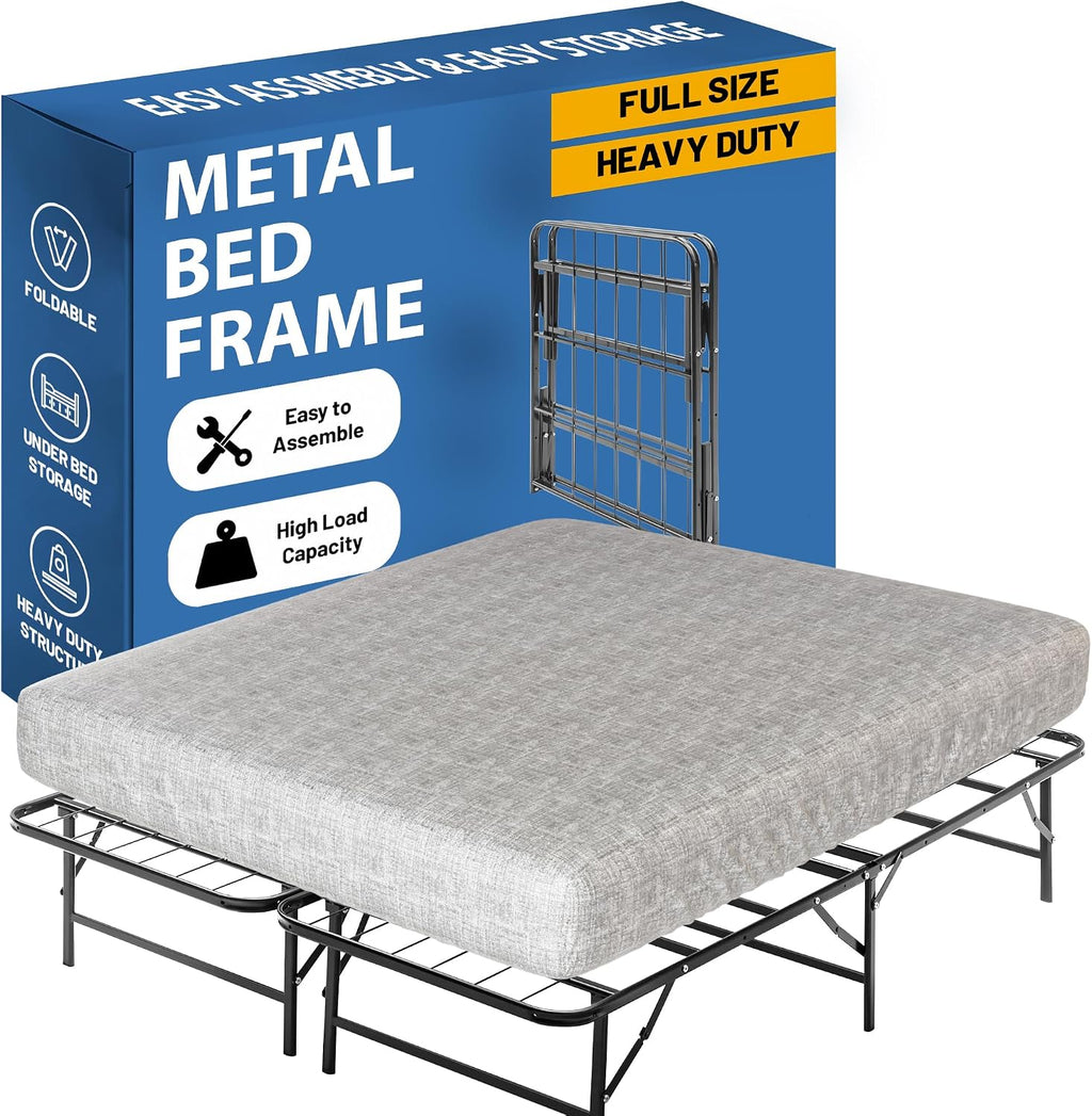 Nutan, 14-Inch Foldable Metal Platform Bed Frame with Tool Free Setup, Sturdy Steel, No Box Spring Needed, Full, Black
