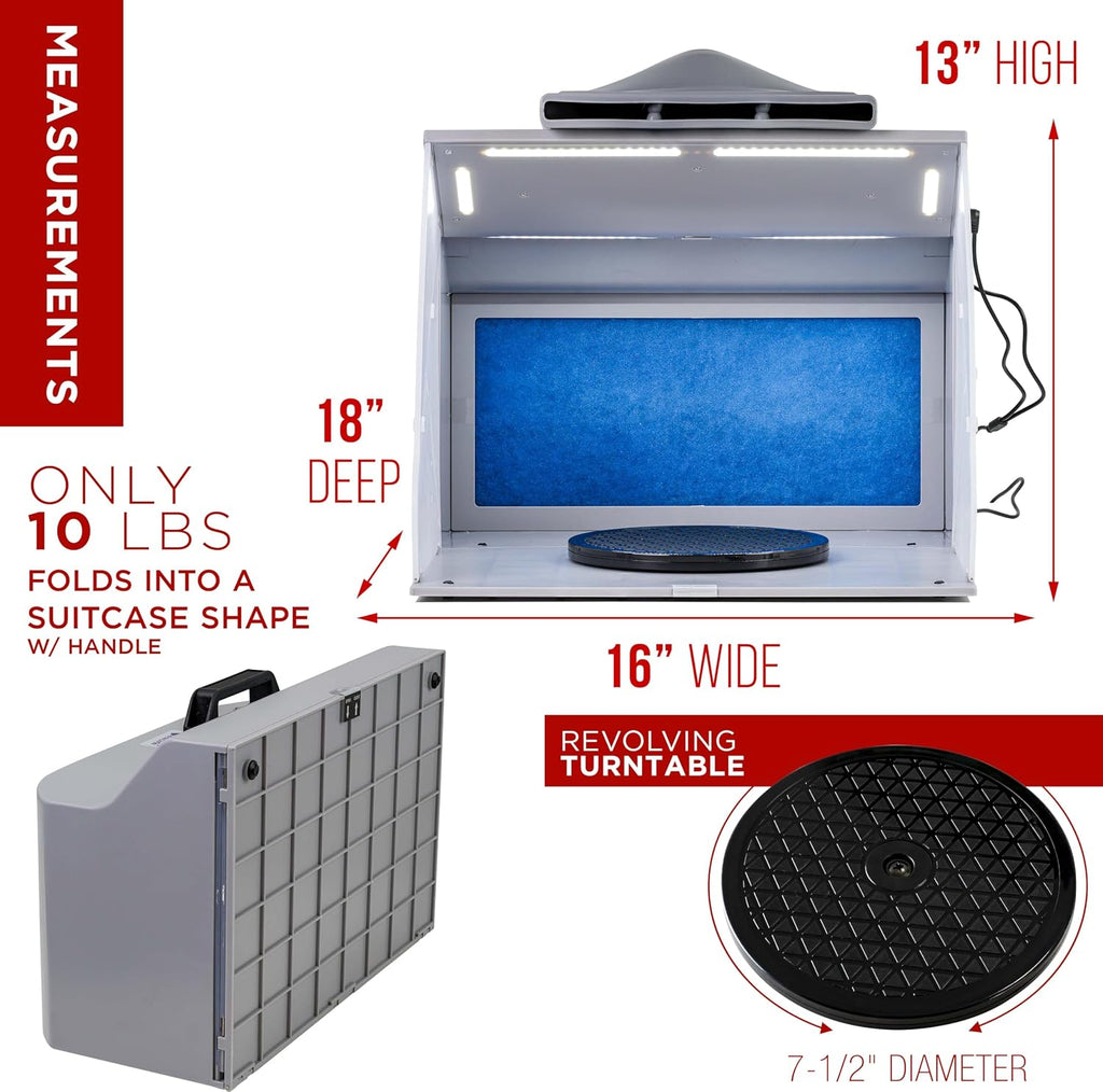 Master Airbrush Portable Airbrush Spray Booth Kit with Dual Exhaust Fans, 4 LED Lights, Turntable & Extension Hose, 16'x18'x13' Hobby Airbrush Booth for Painting, Models, Arts, Crafts, Cakes