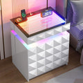Bedside Table with Charger Station and RGB Lights, Nightstand with 3 Drawers and Sliding Top, Modern Night Stand with Human Body Sensor for Bedroom & Living Room, White