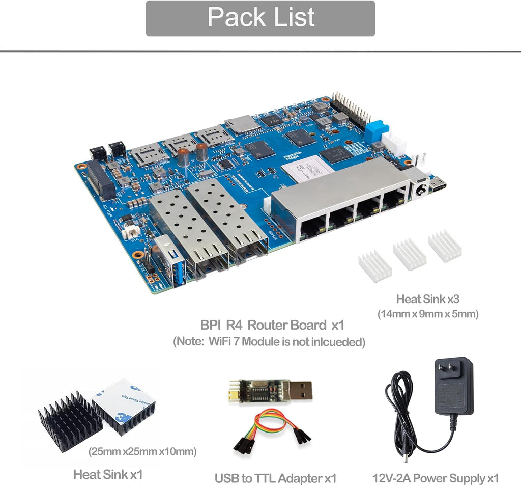 Banana Pi BPI-R4 Wi-Fi 7 Wireless Dual-Band WiFi OpenWRT Router Board, with MediaTek MT7988A (Filogic 880) SoC, Support 2X 10GbE SFP and 4X GbE Gigabit Ethernet for NAS Smart Home Gateway