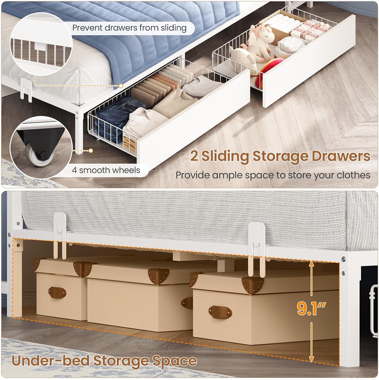 Hasuit Corner Full Bed Frame with Storage Drawers and Bookcase Headboard, Full Size Metal Platform Corner Bed Frame with Charging Station and LED Lights, Full Daybed for Kids Teens Guests, White