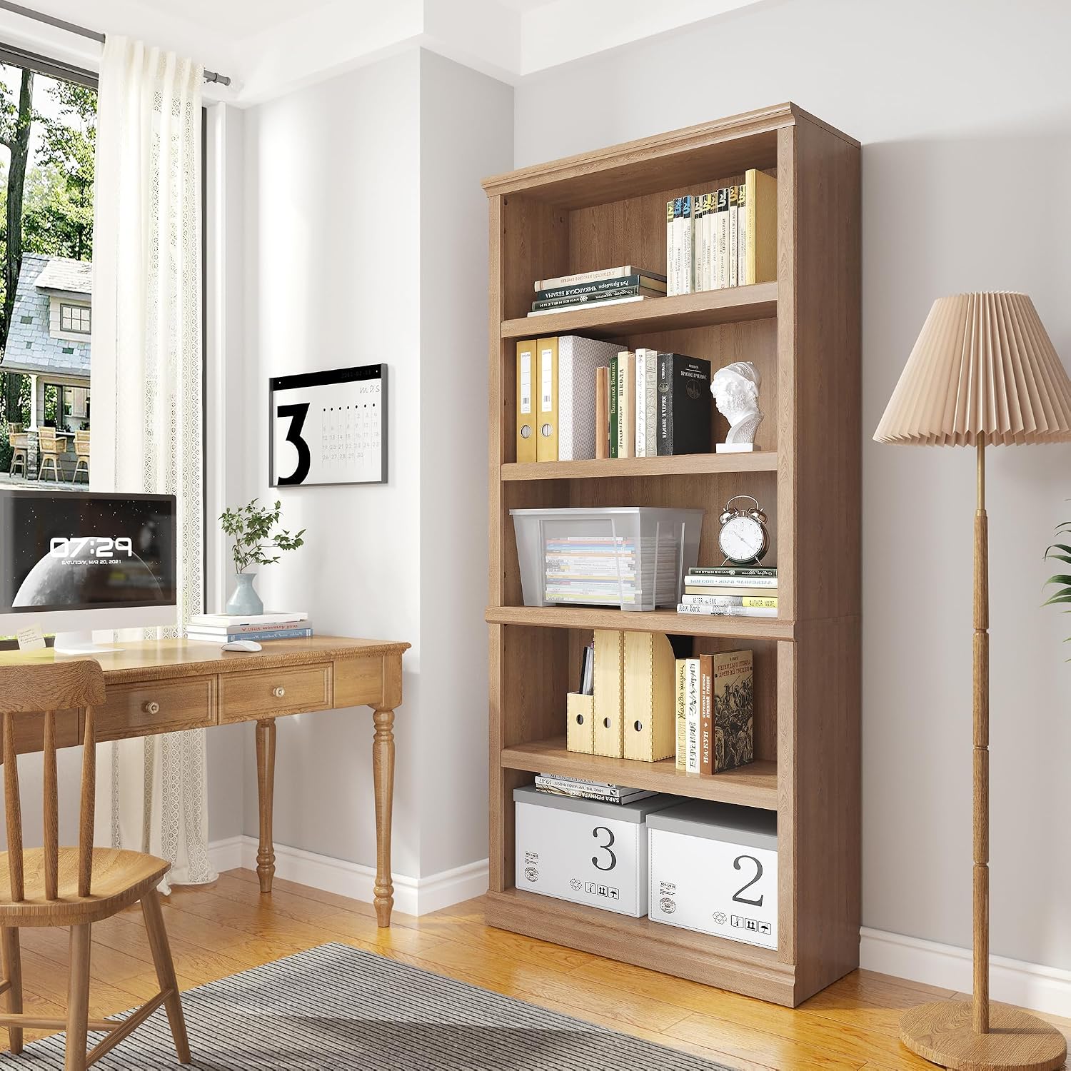Bevfint 70 in Tall Bookcase, White Bookshelf Open Storage 5-Tier Shelves, 33 inch Wide Floor Standing Indoor Furniture, Book Cases for Home School Library Office Bedroom Kids, Oak 5 Tiers