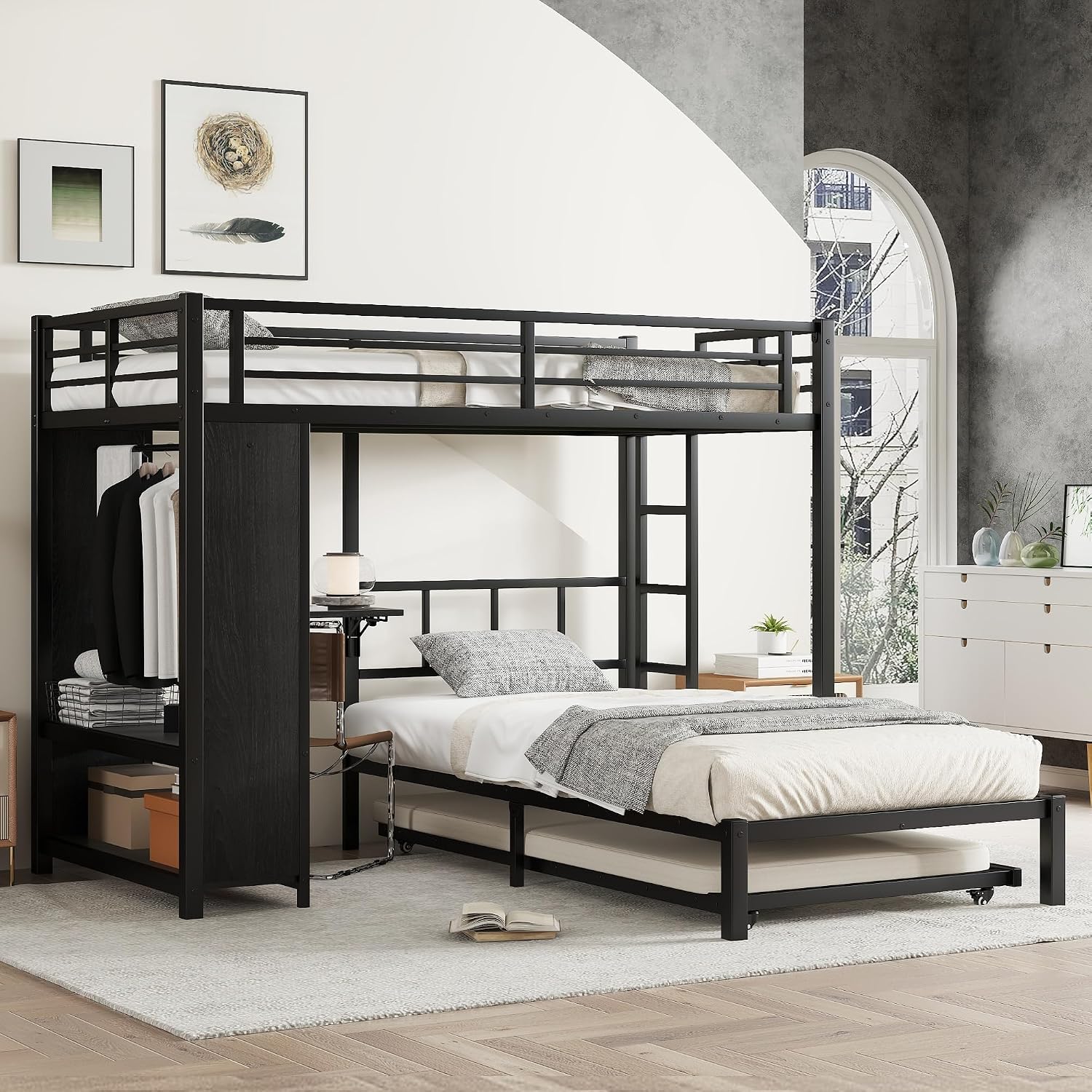 JIVOIT Metal Bunk Bed with Trundle, Twin Over Twin Bunk Bed with Foldable Desk, Built-in Wardrobe, Ladders and Safety Guard, Noise-Reduced Design, Space-Saving, No Box Spring Needed