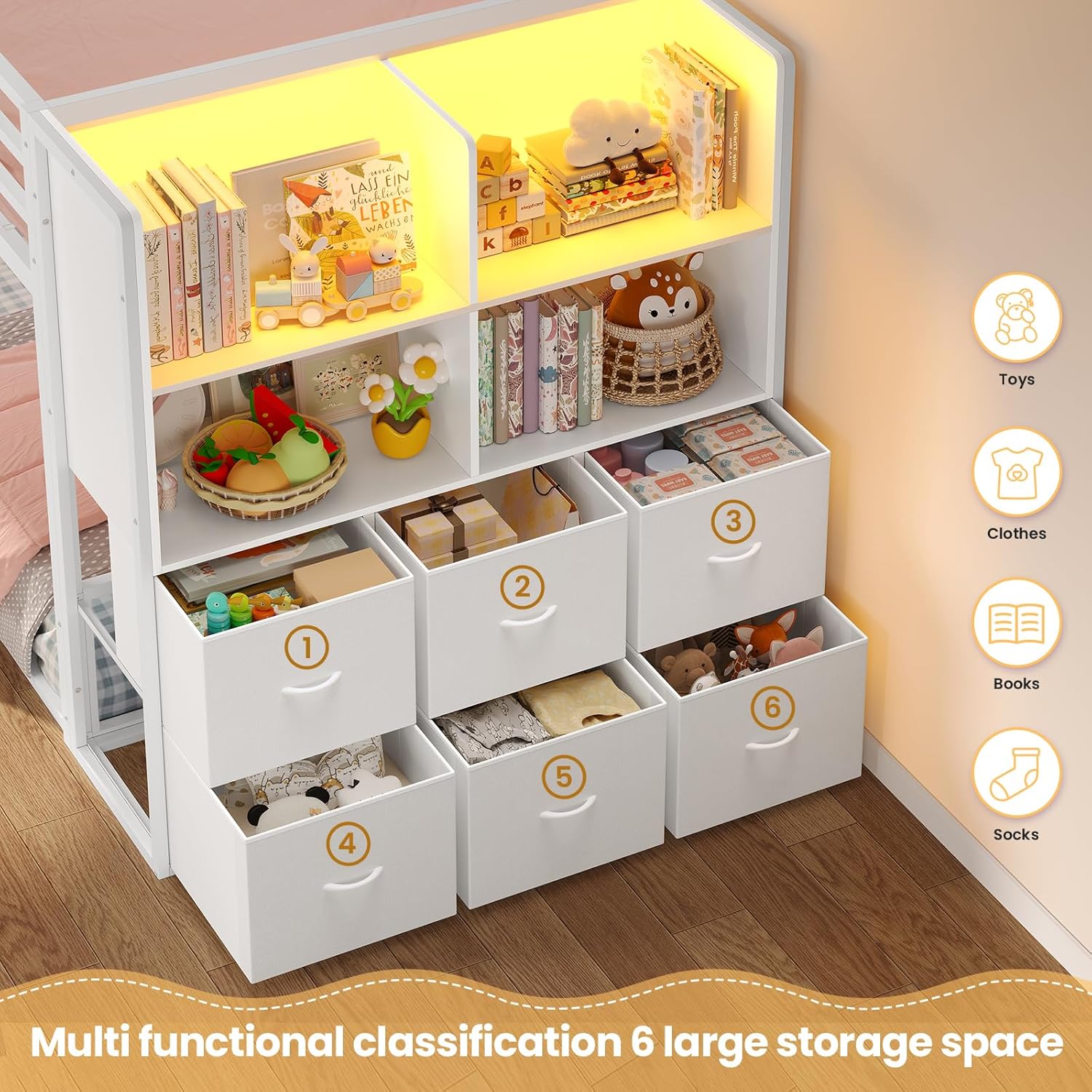 BTHFST Bunk Bed Twin Over Twin with 6 Large Fabric Drawers & 4 Wooden Storage Bookshelf Organizer, Metal Low Bunk Bed for Kids with LED Lights & Safety Ladder and Guardrail, Space Saving