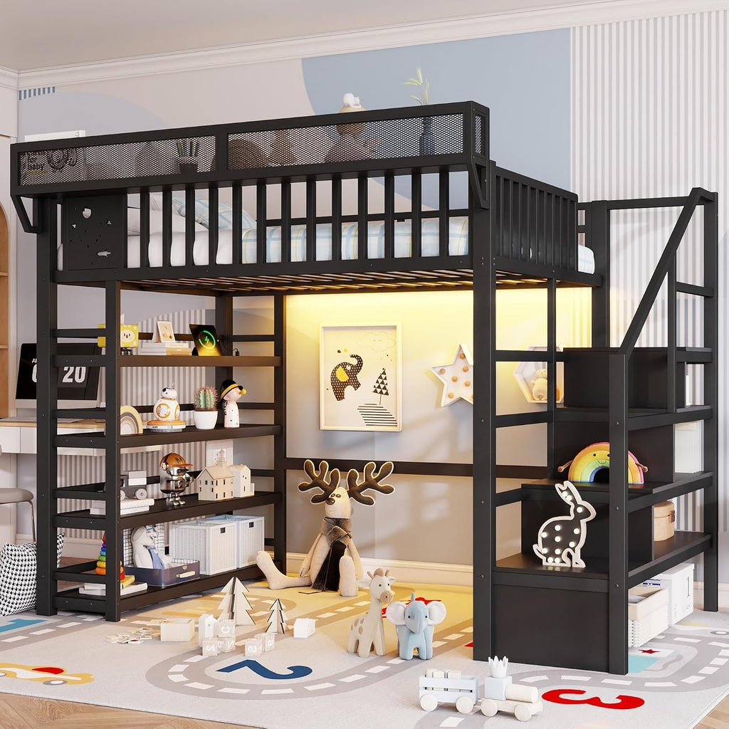 JIVOIT Metal Full Loft Bed with 4 Shelf Storage Rack, Stairs Storage, Open Shelves for Upper, Space-Saving Full Loft Bed with Guardrails and Metal Slats Support for Kids Teens (Black/1)