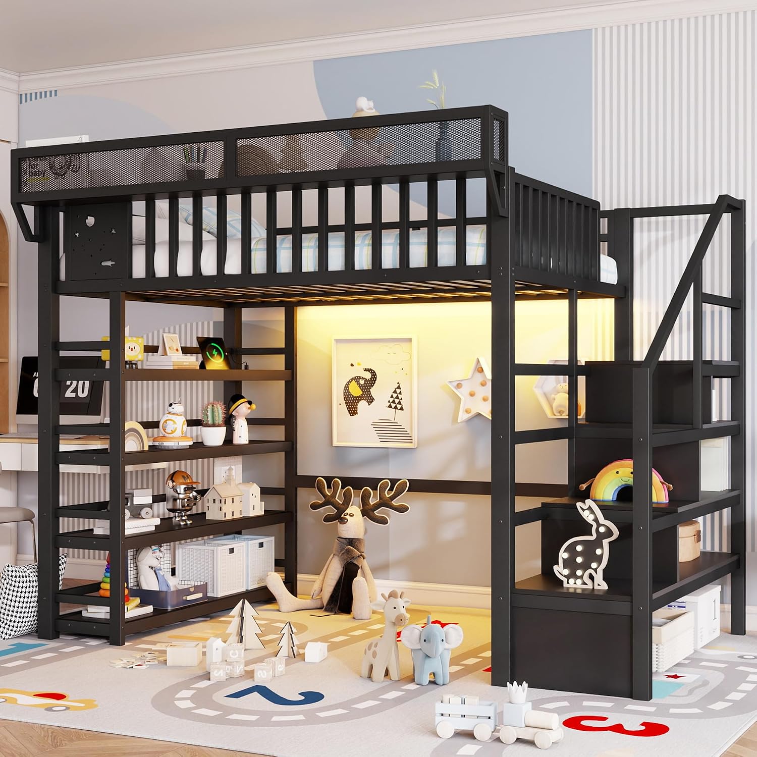 JIVOIT Metal Full Loft Bed with 4 Shelf Storage Rack, Stairs Storage, Open Shelves for Upper, Space-Saving Full Loft Bed with Guardrails and Metal Slats Support for Kids Teens (Black/1)