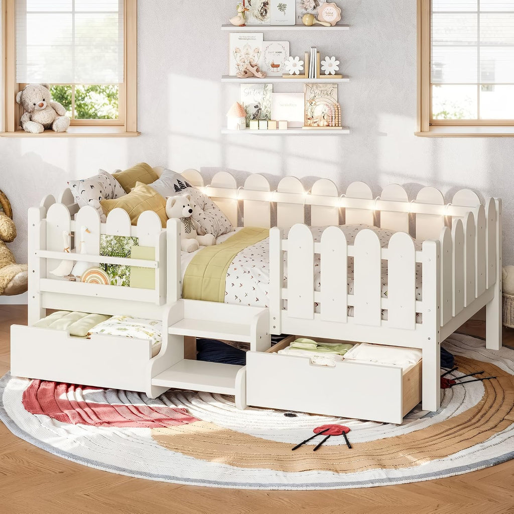 Bellemave Twin Kids Montessori Bed with Stairs, Bookshelf and LED Lights, Solid Wood Kids Bed Frame with Storage Drawers for Boys Girls, Low Profile,Beige
