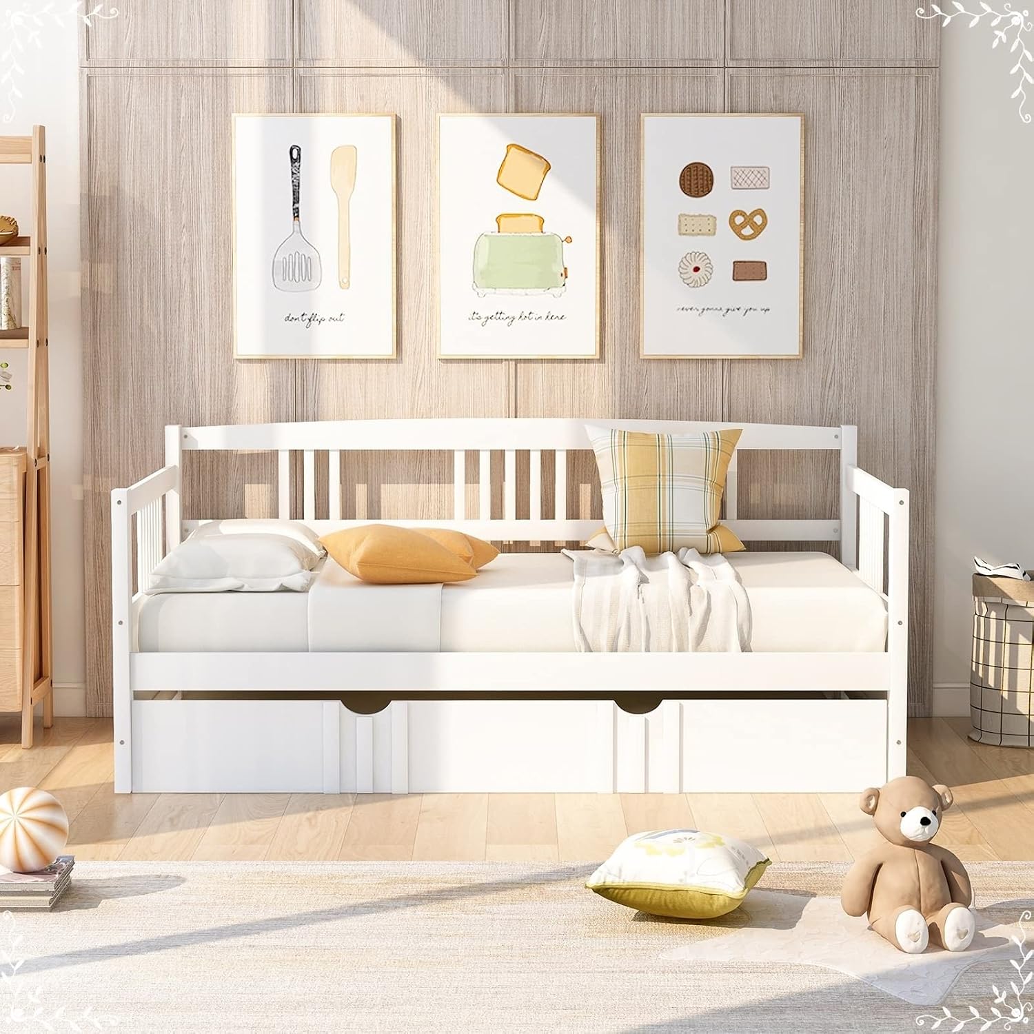 Twin Metal Platform Bed Frame, White Bed Set Solid Wood Bohemian Sofa Bed with Slats Daybed with Trundle for Teen Adult Bedroom Living Room