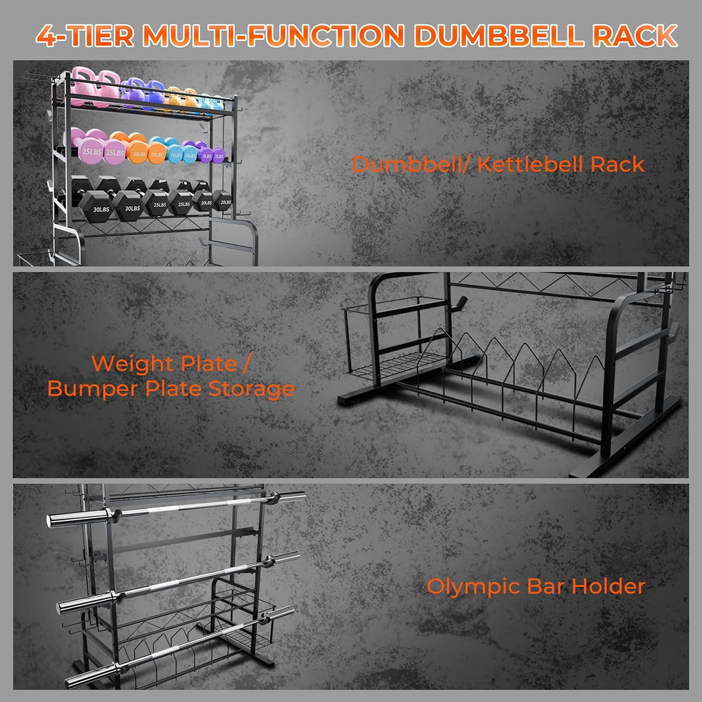 XL Adjustable Weight Rack for Dumbbells - Barbell Holder Bumper Plate Storage Rack with 3 Olympic Bar Racks, Dumbbell Rack Weight Stand,Home Gym Storage Rack for kettlebells,Yoga Mat